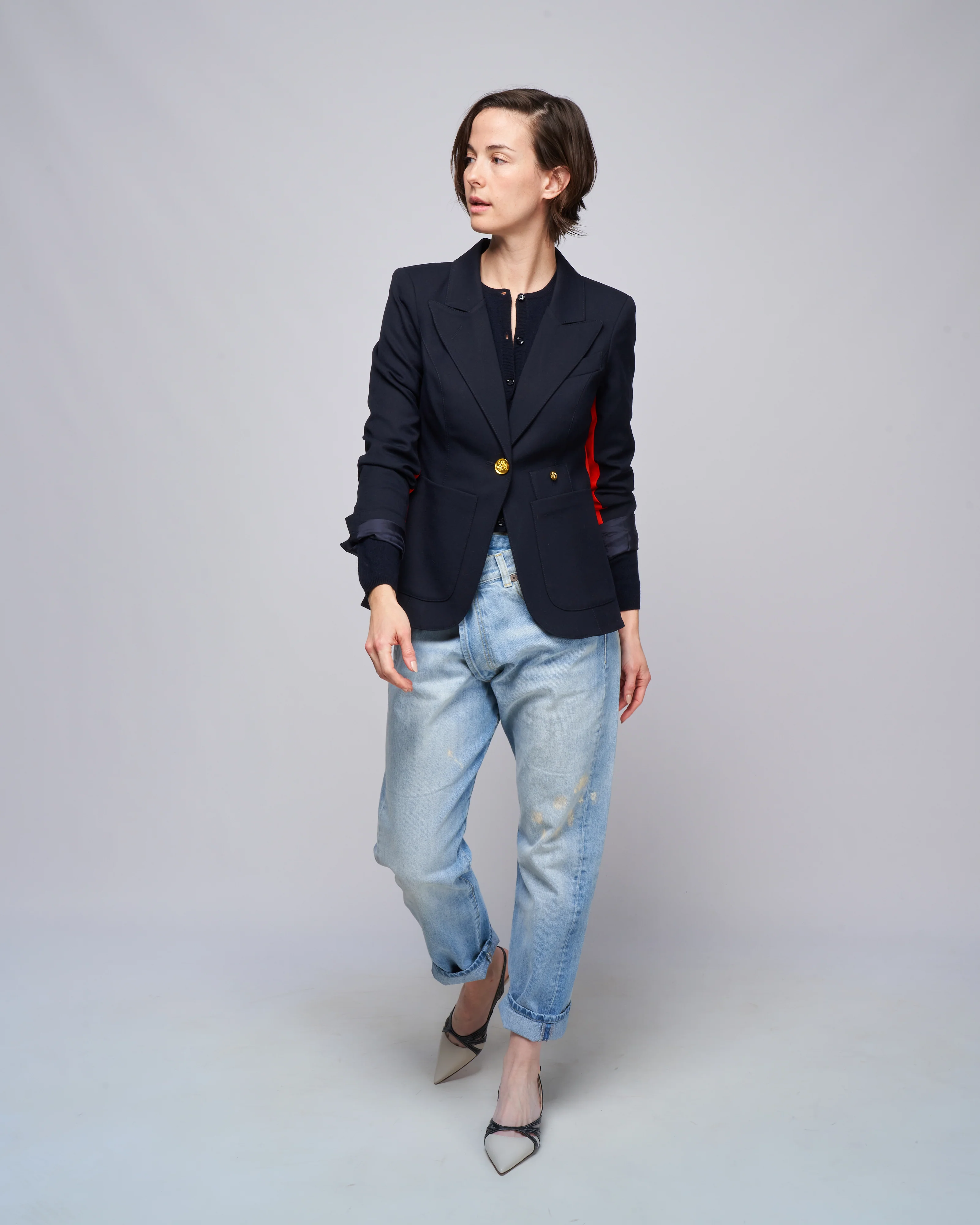 patch pocket tux stripe blazer - navy with vermillion - Image 2