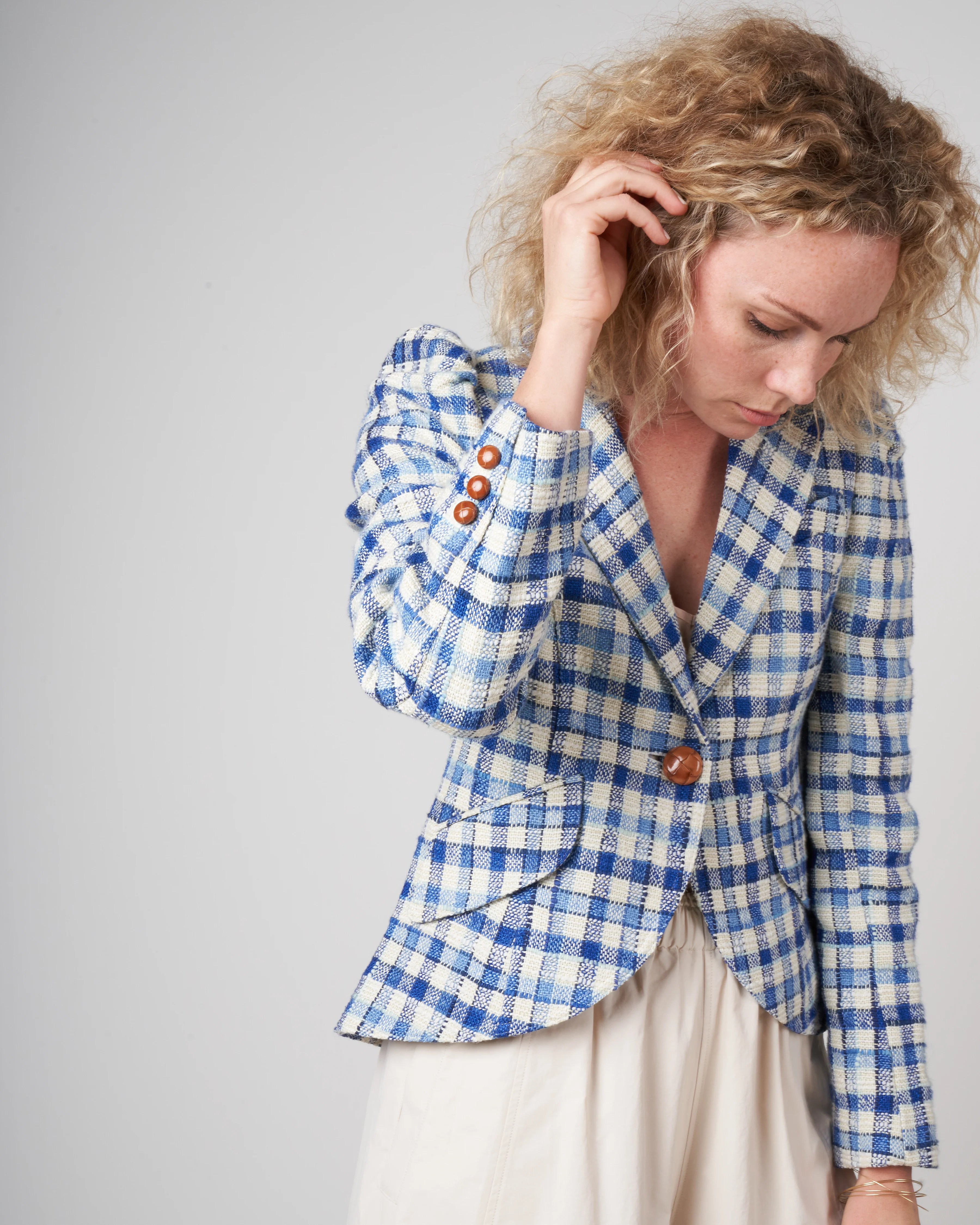 pouf sleeve one button blazer - blue sackcloth check - Image 2