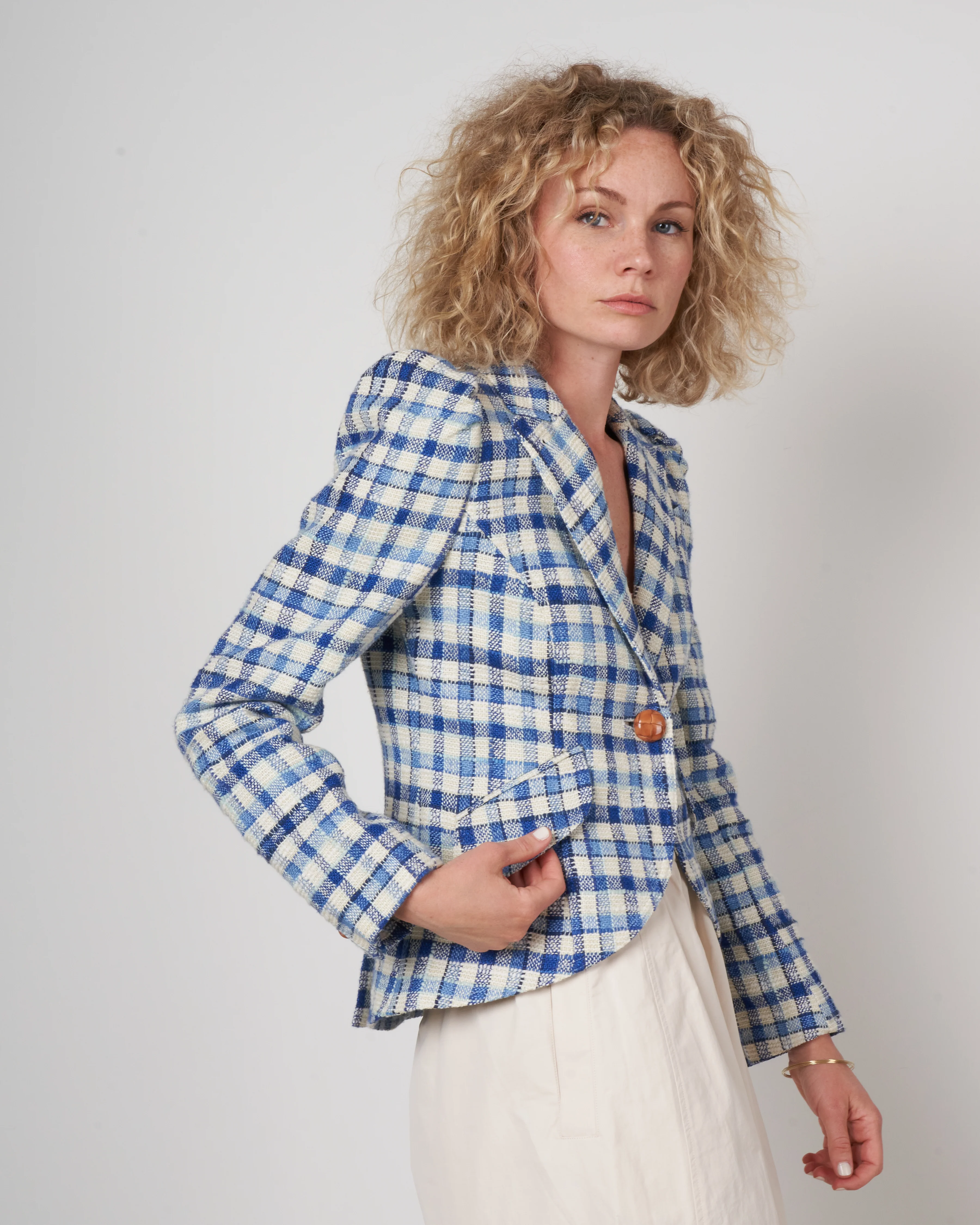 pouf sleeve one button blazer - blue sackcloth check - Image 3