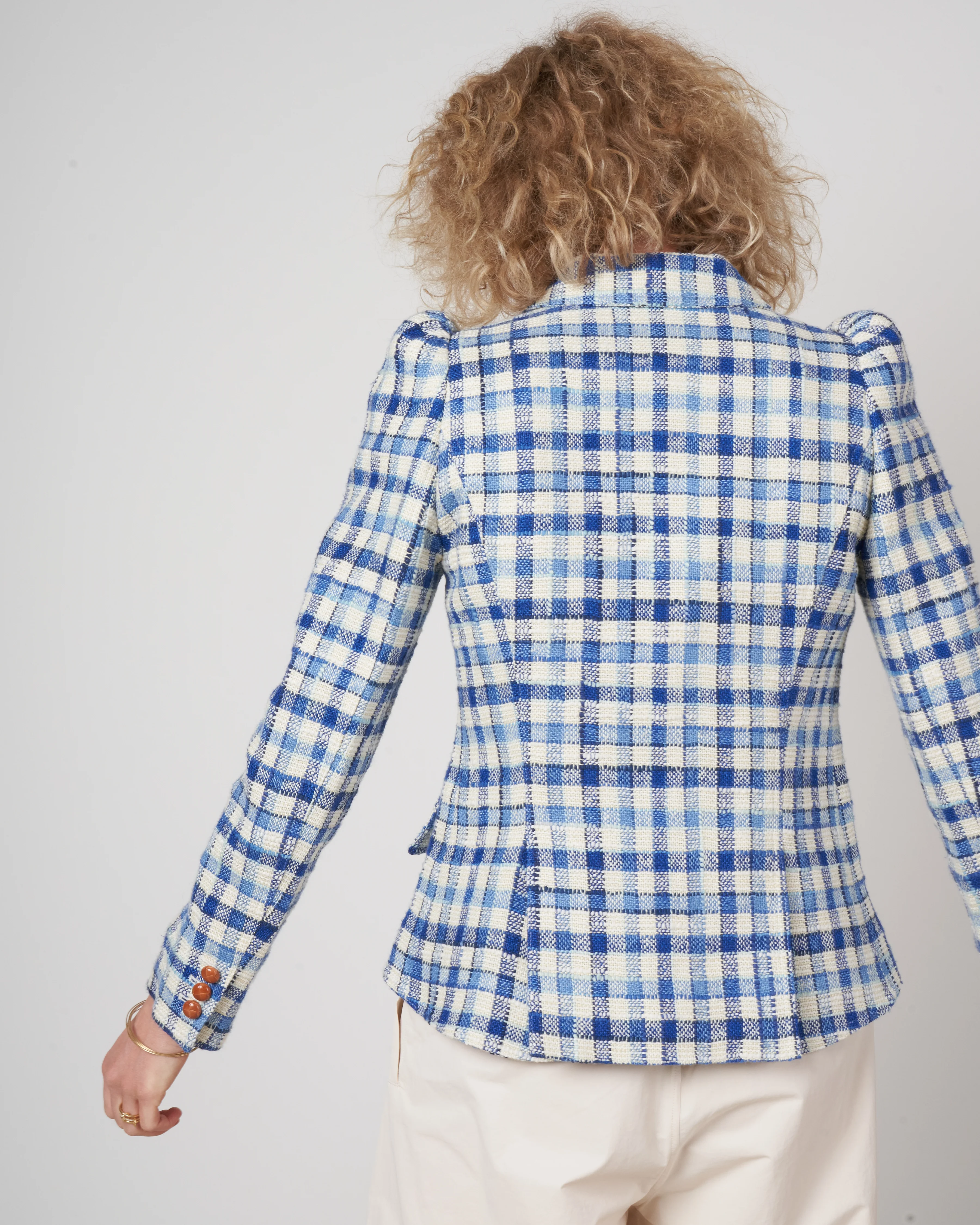 pouf sleeve one button blazer - blue sackcloth check - Image 4