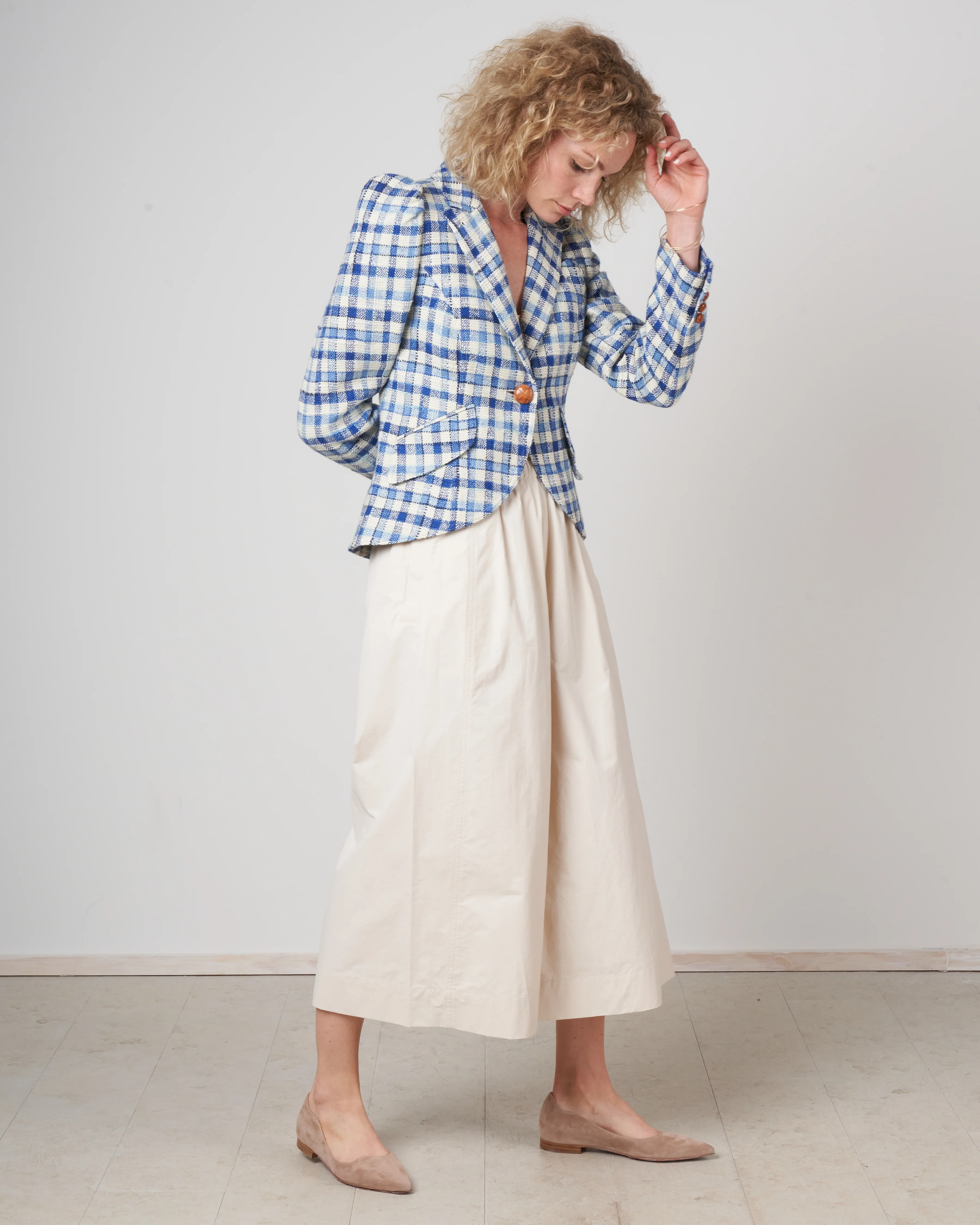 pouf sleeve one button blazer - blue sackcloth check - Image 6