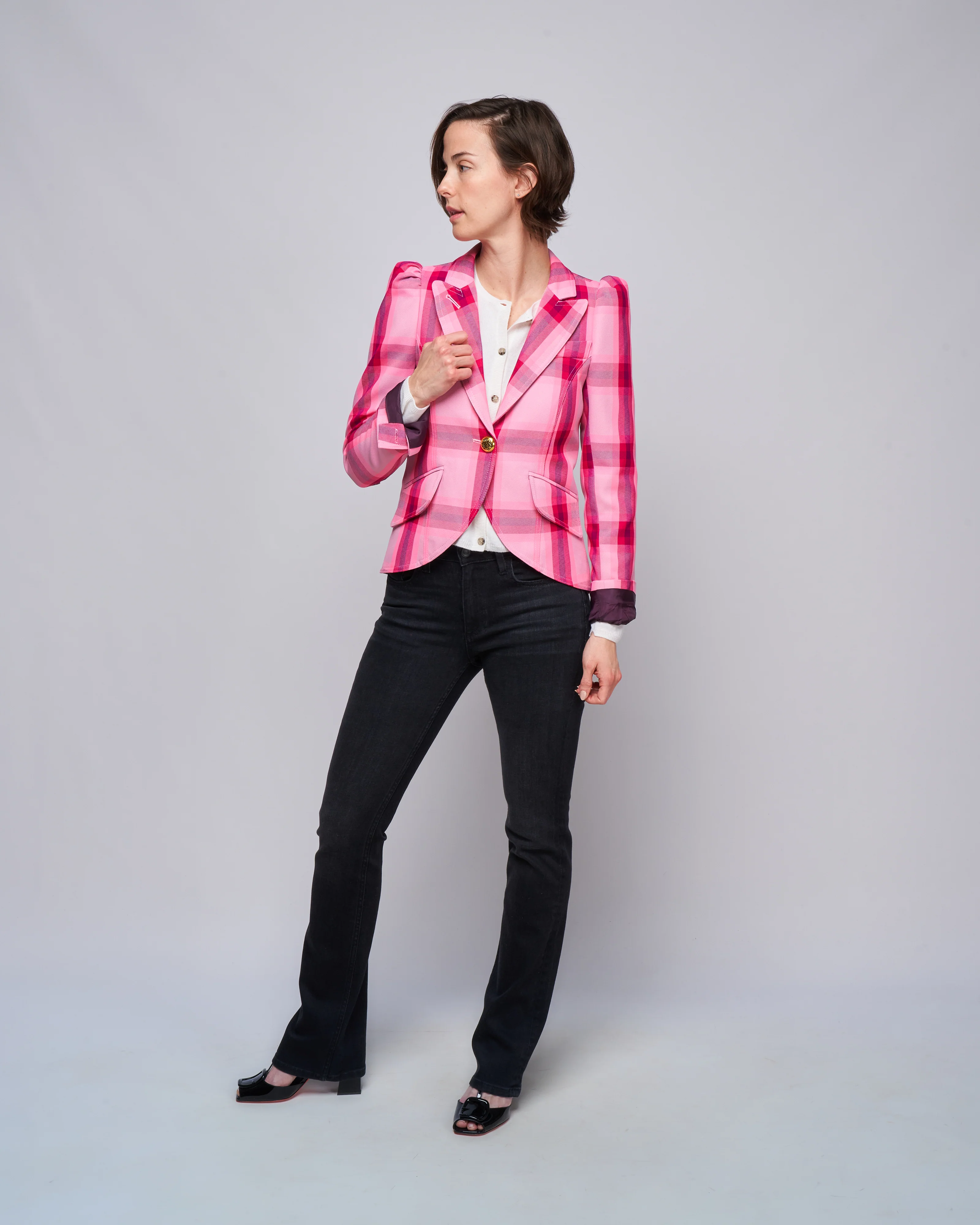 pouf sleeve one button blazer - flamingo plaid - Image 2