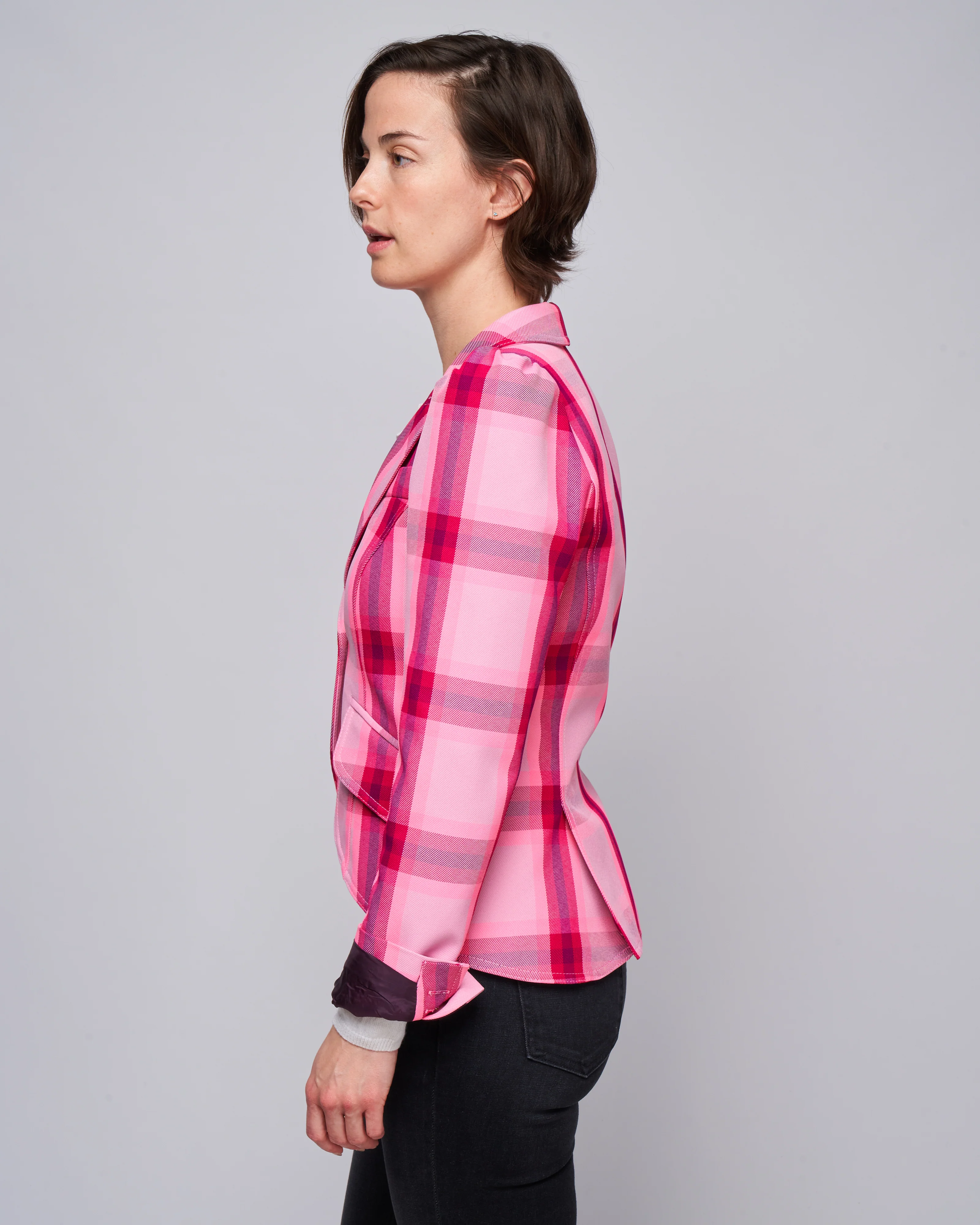 pouf sleeve one button blazer - flamingo plaid - Image 3