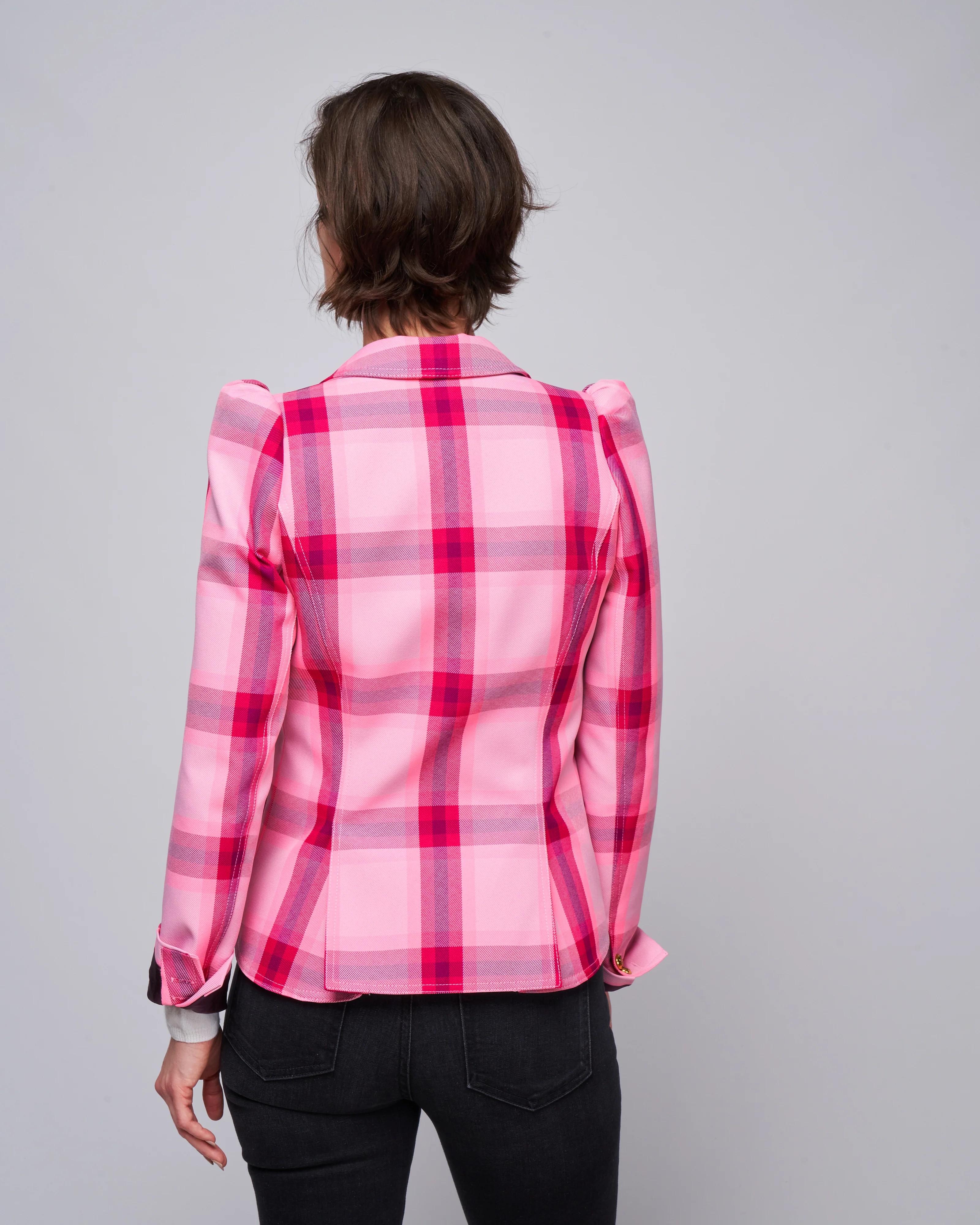 pouf sleeve one button blazer - flamingo plaid - Image 4