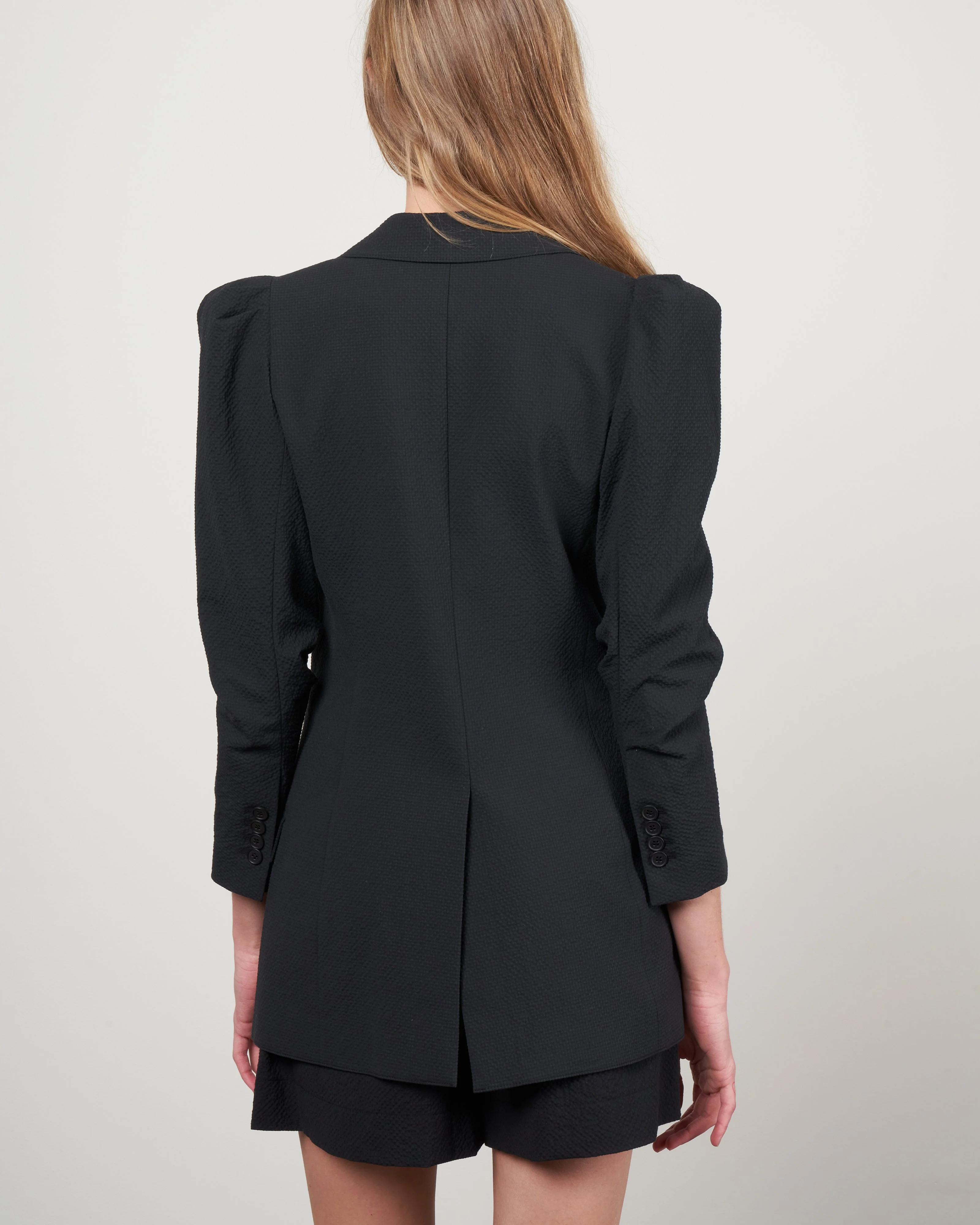 scrunch sleeve long line blazer - black seersucker - Image 4