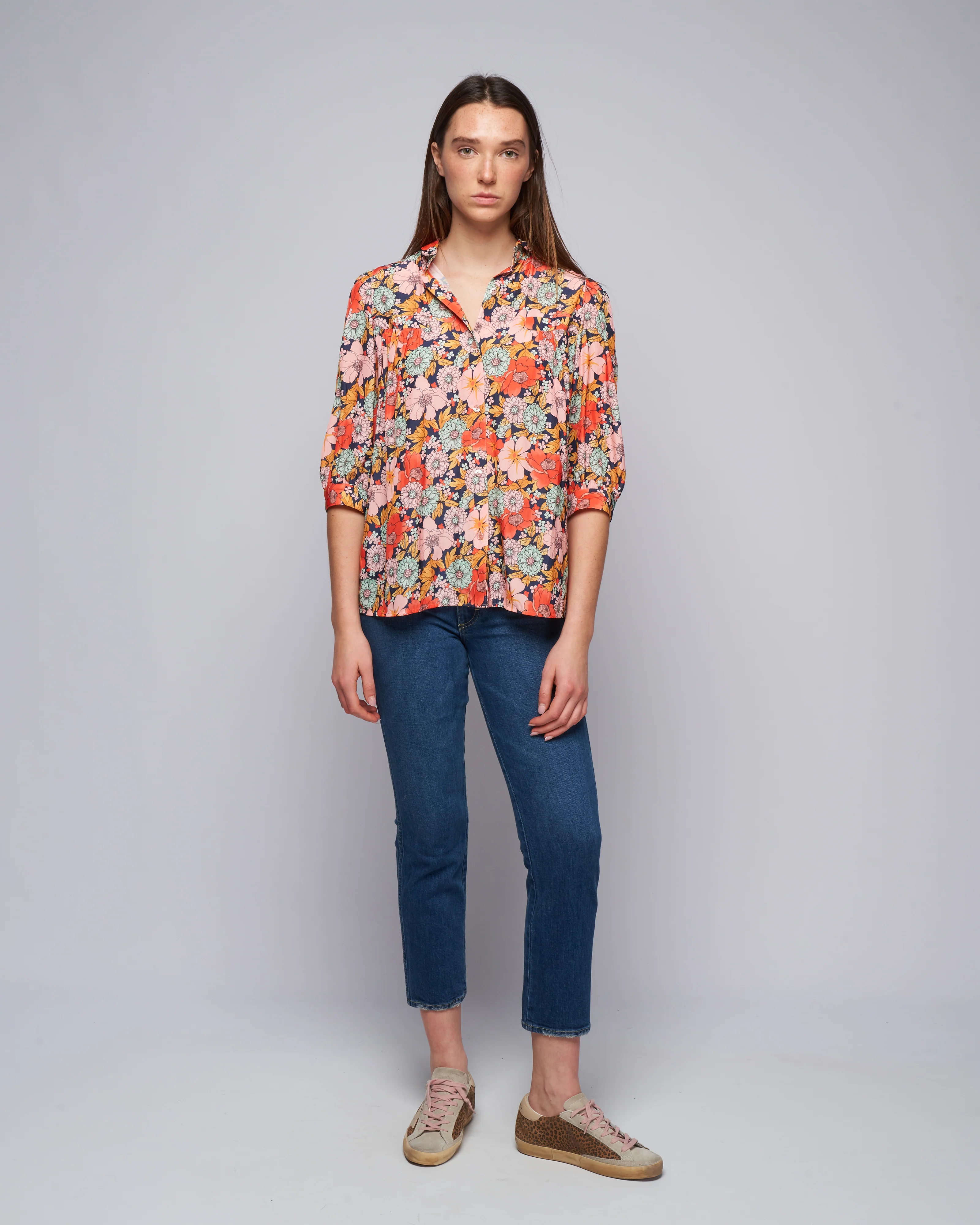 shirred pocket blouse - navy multi floral - Image 2