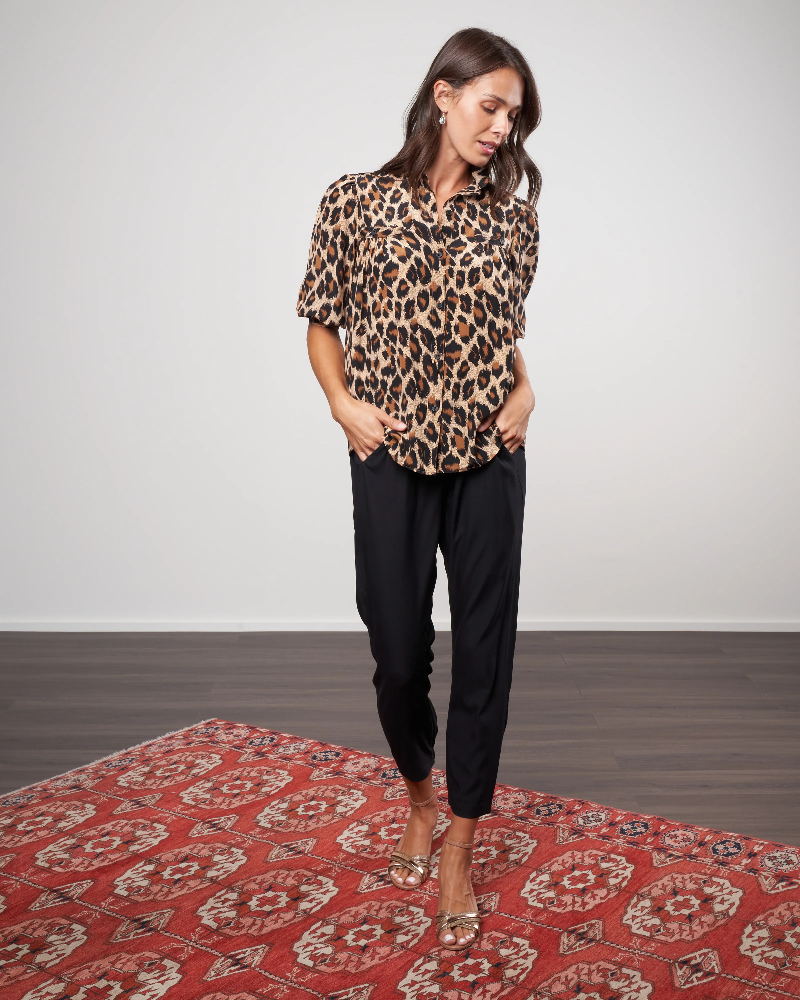 silk shirred pocket blouse - brushstroke leopard - Image 2