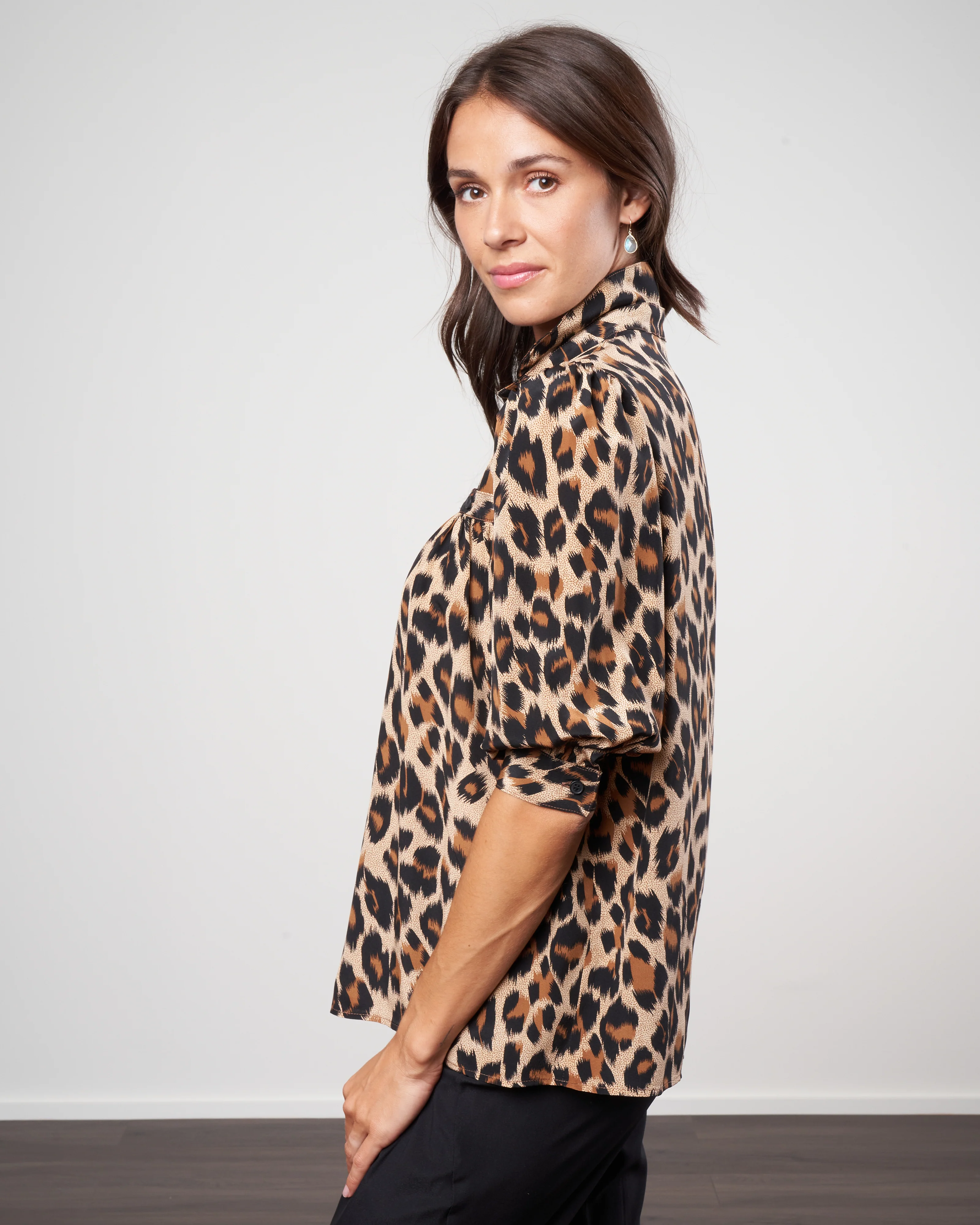 silk shirred pocket blouse - brushstroke leopard - Image 3