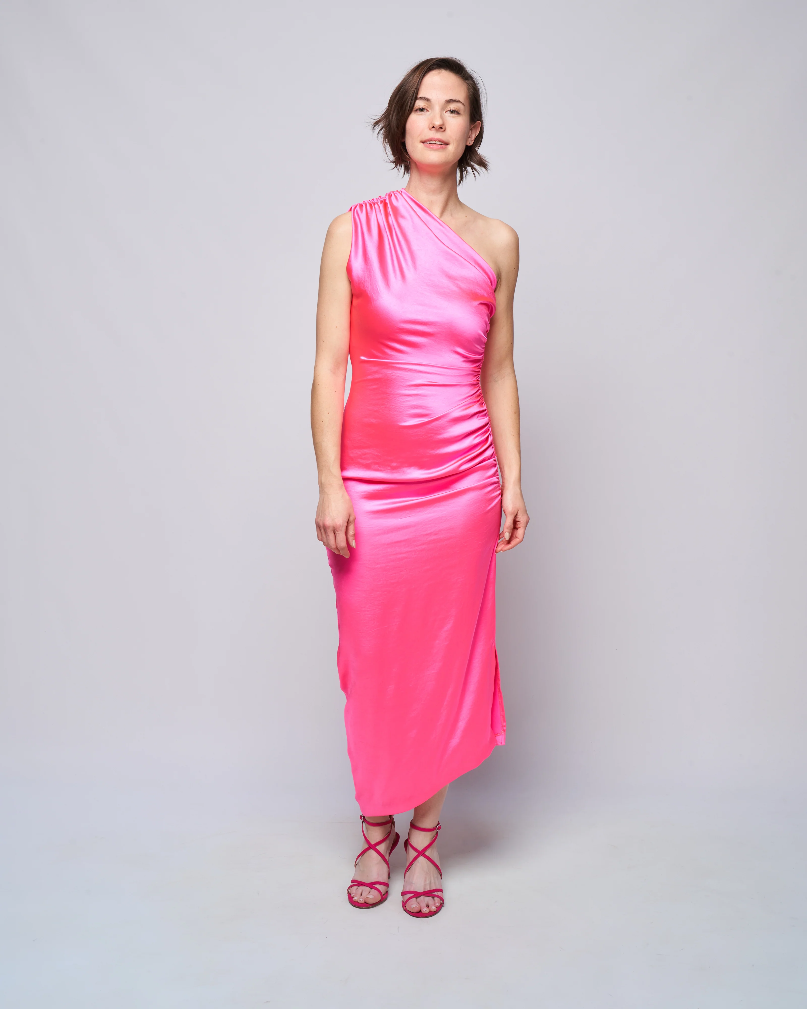 single shoulder asymmetrical dress - hot pink - Image 2