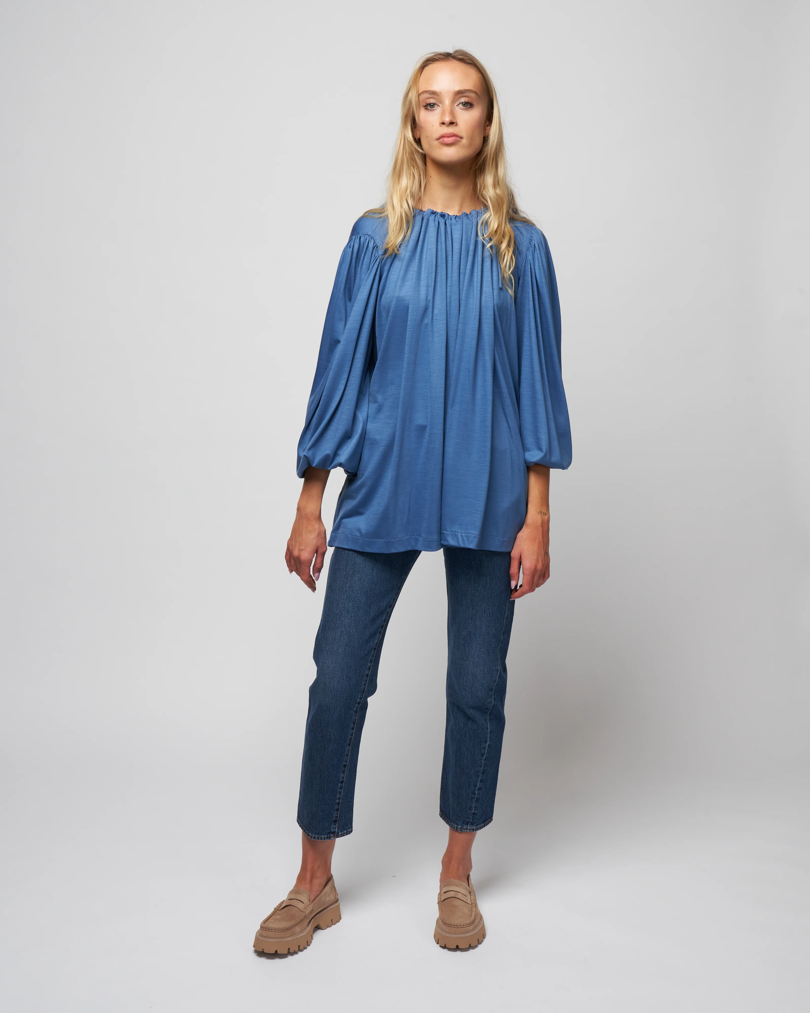 jersey drawstring neck top - knit avio blue - Image 2