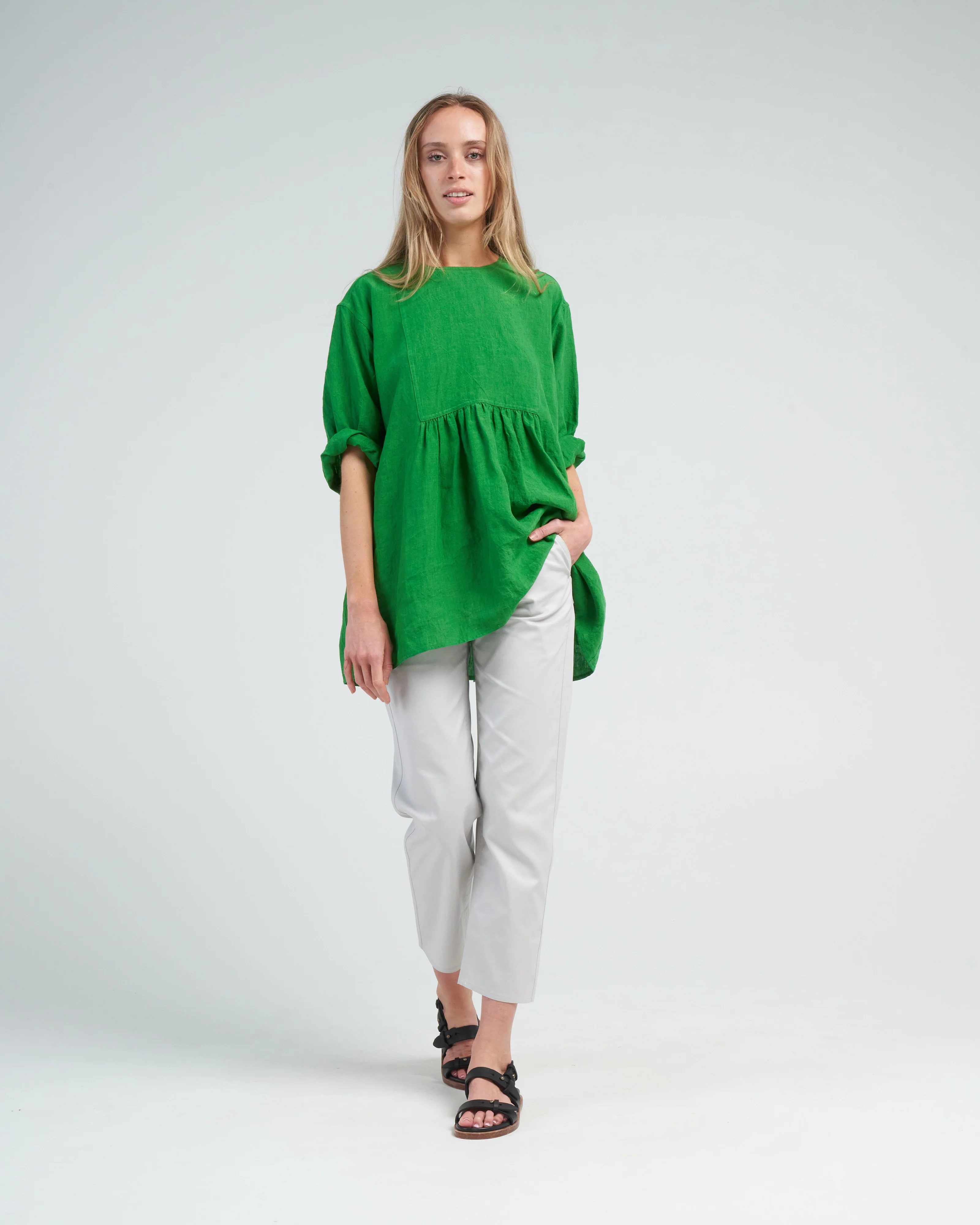 linen placket pullover top - grass - Image 2