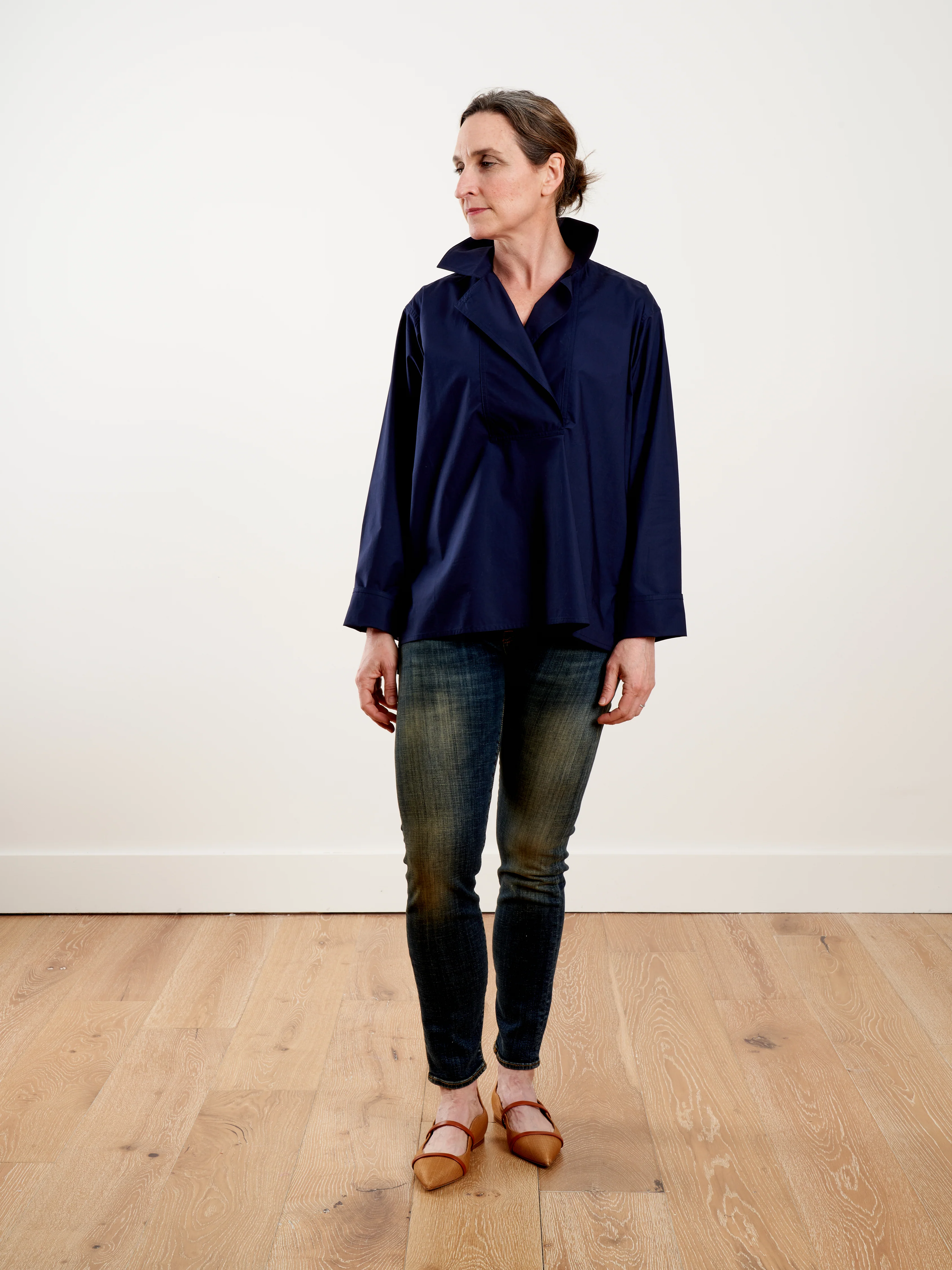 long sleeve top with collar and front flap - woven blue marine - Image 2