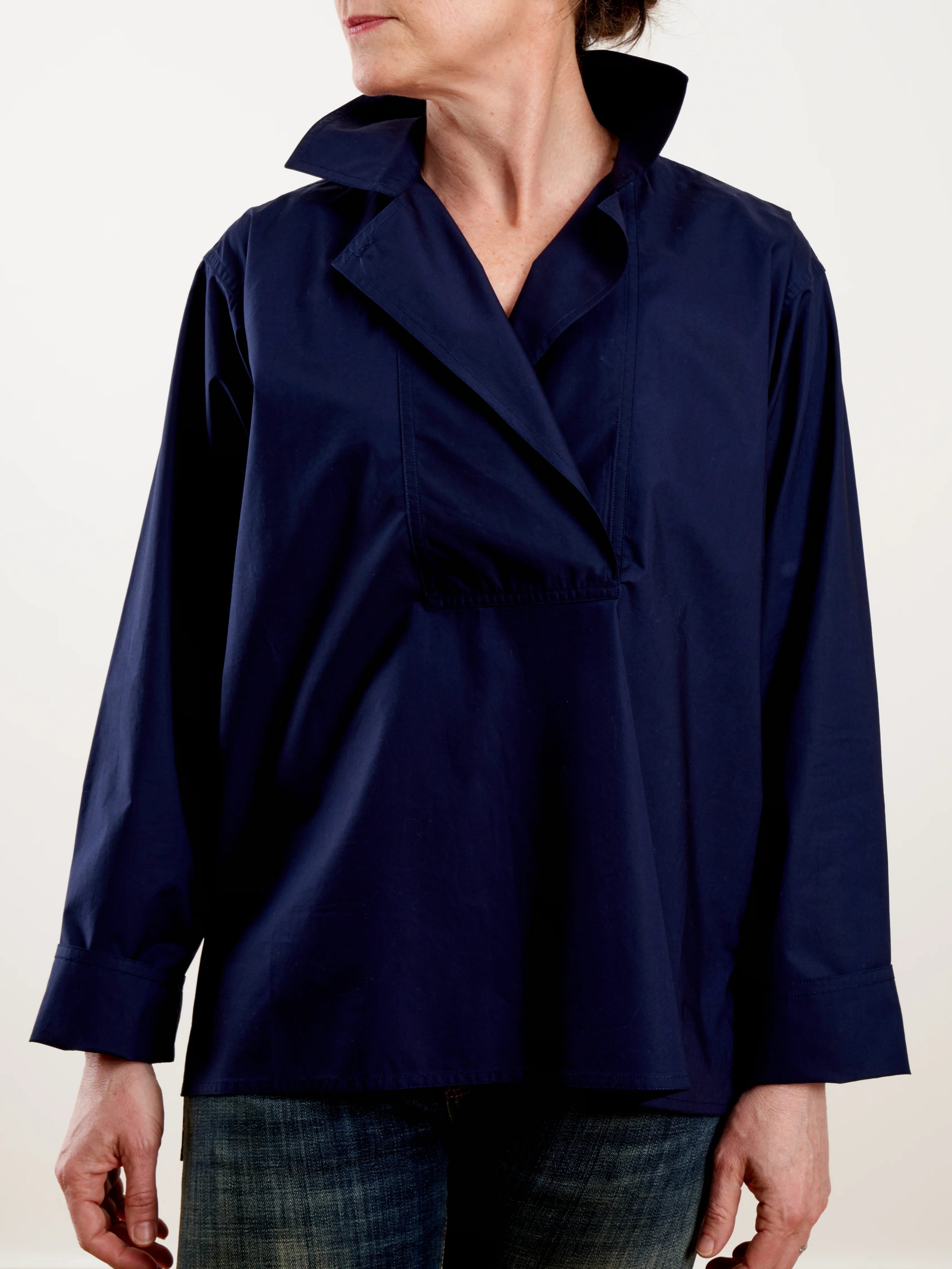long sleeve top with collar and front flap - woven blue marine - Image 3
