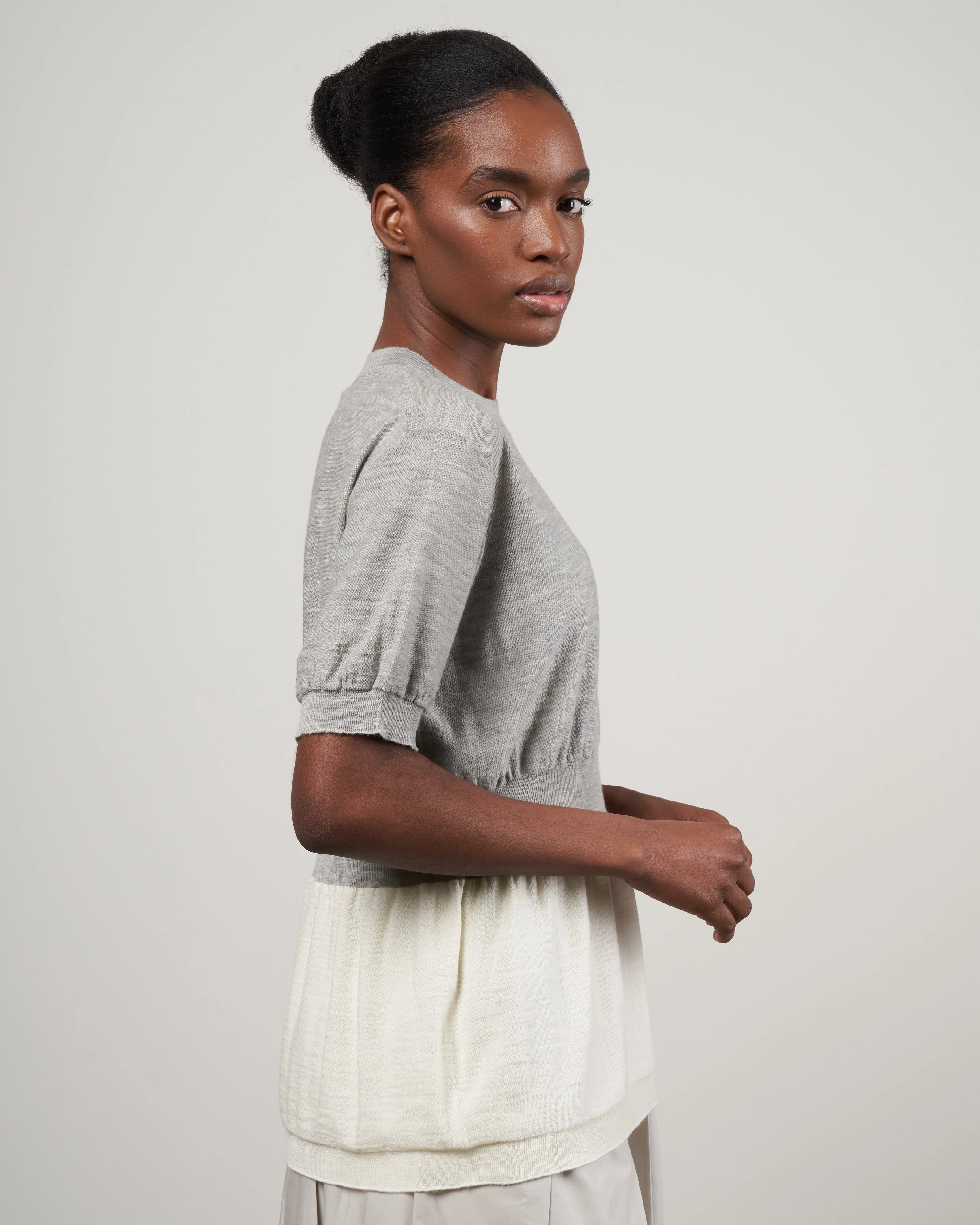 midy short sleeve sweater with hem - grey + white combination - Image 3