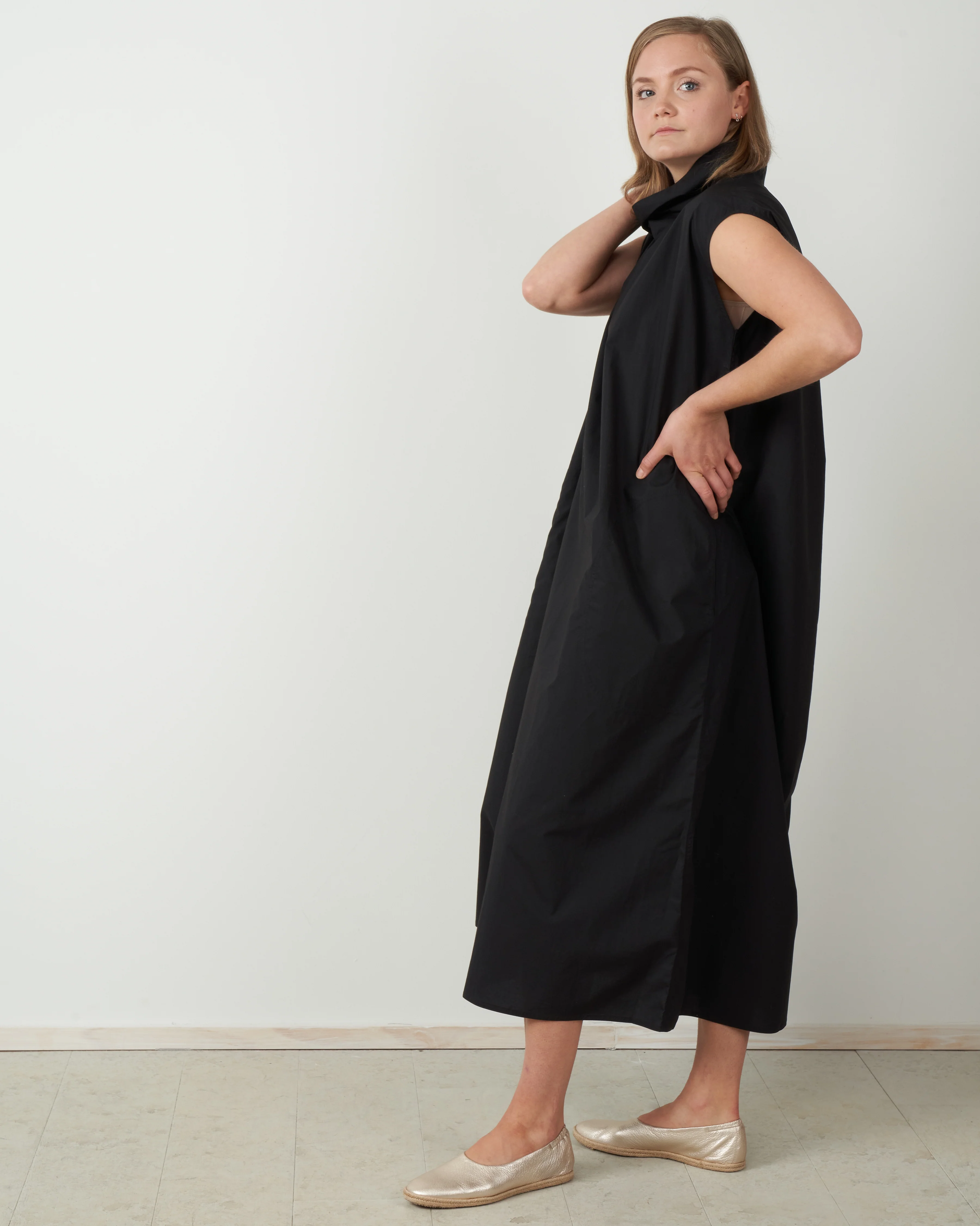 high collar a-line dress - woven jet - Image 3