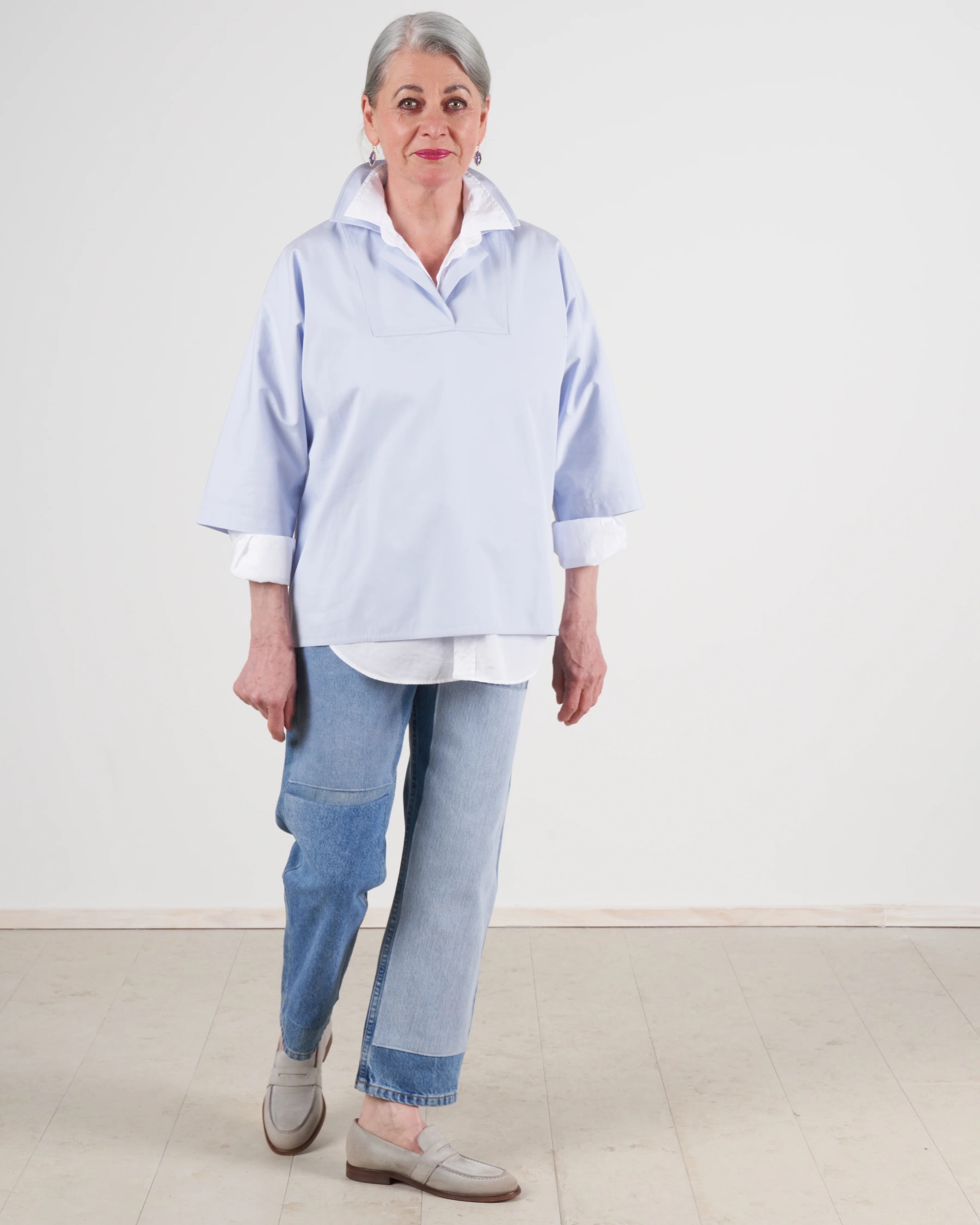 top with 3/4 sleeves and open collar - ice - Image 5