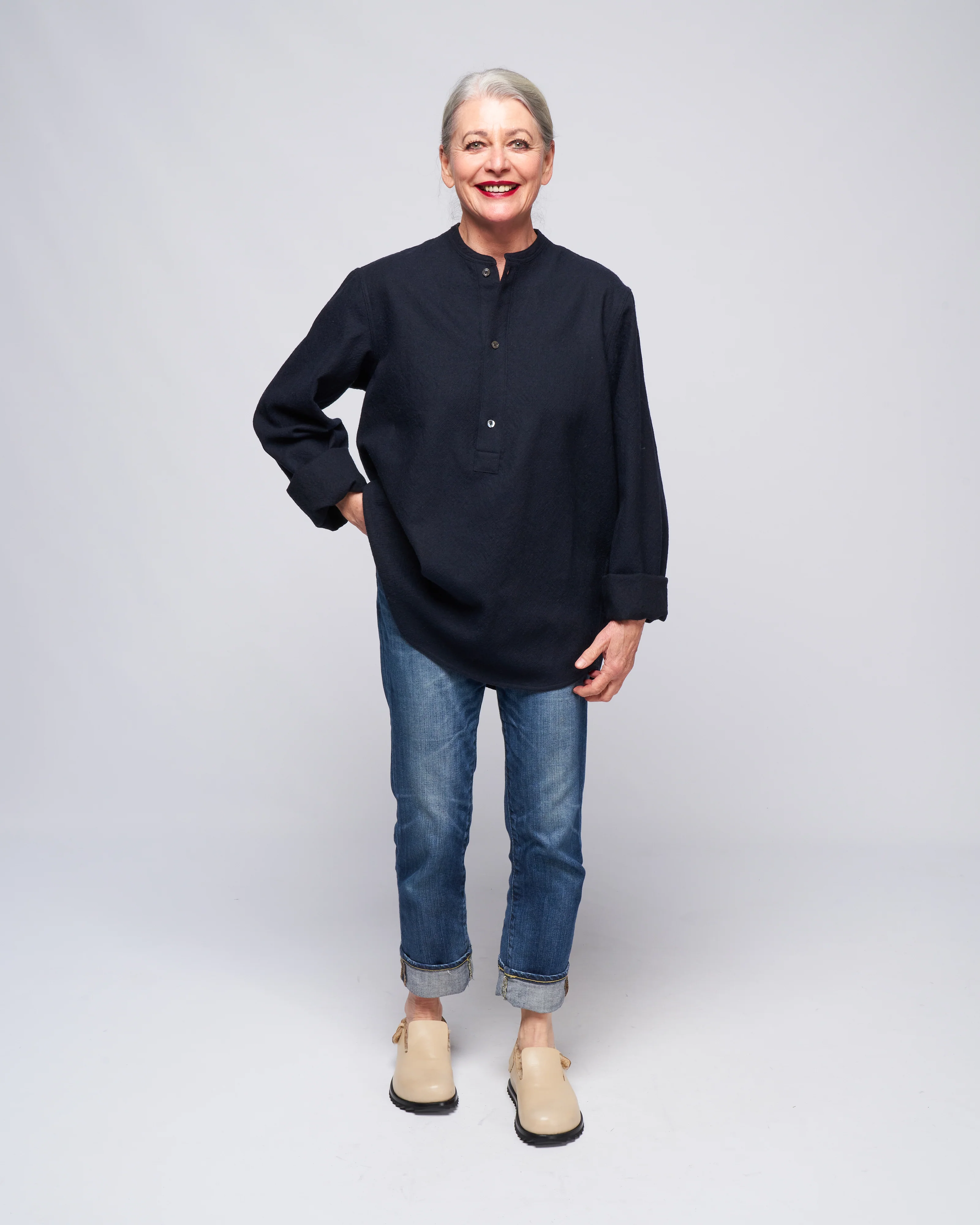 washed wool henley - woven dark navy - Image 2