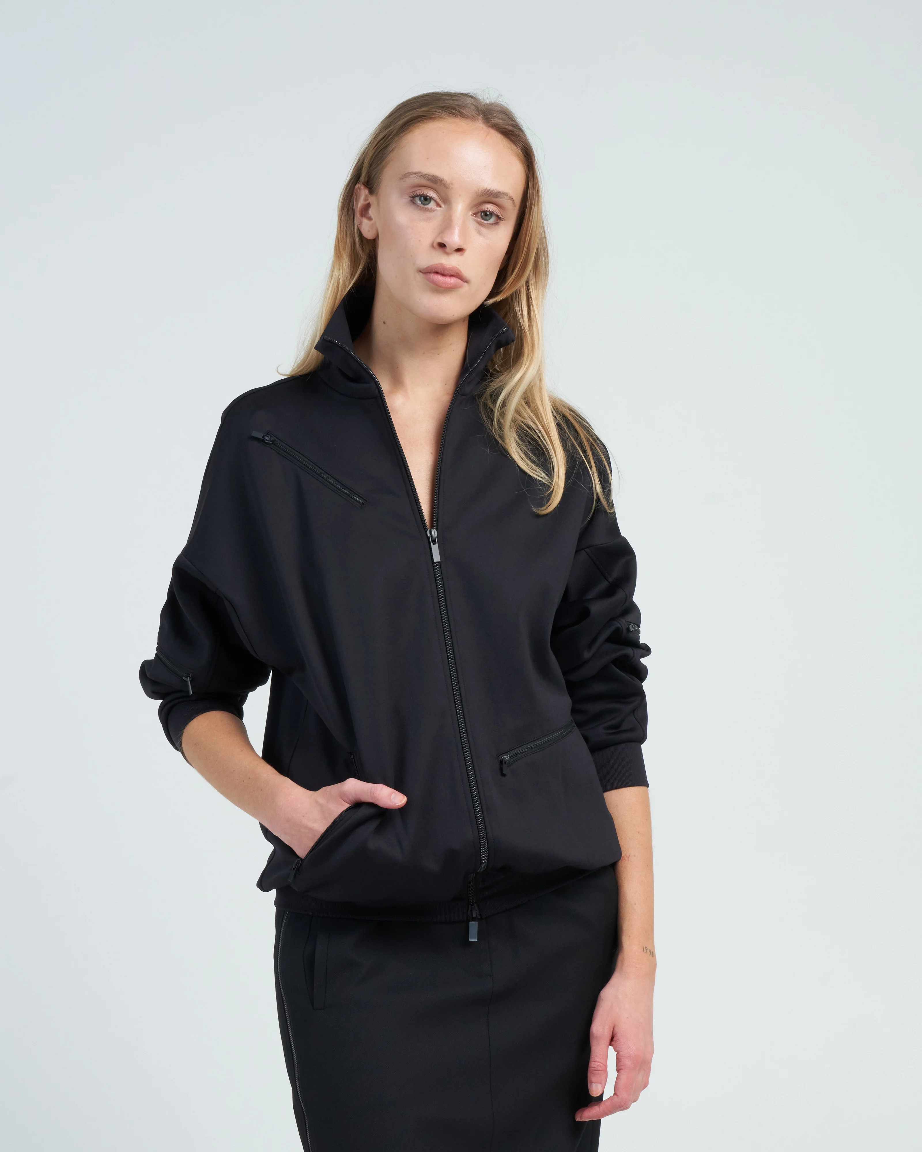 active knit zipper detailed track jacket - black - Image 2
