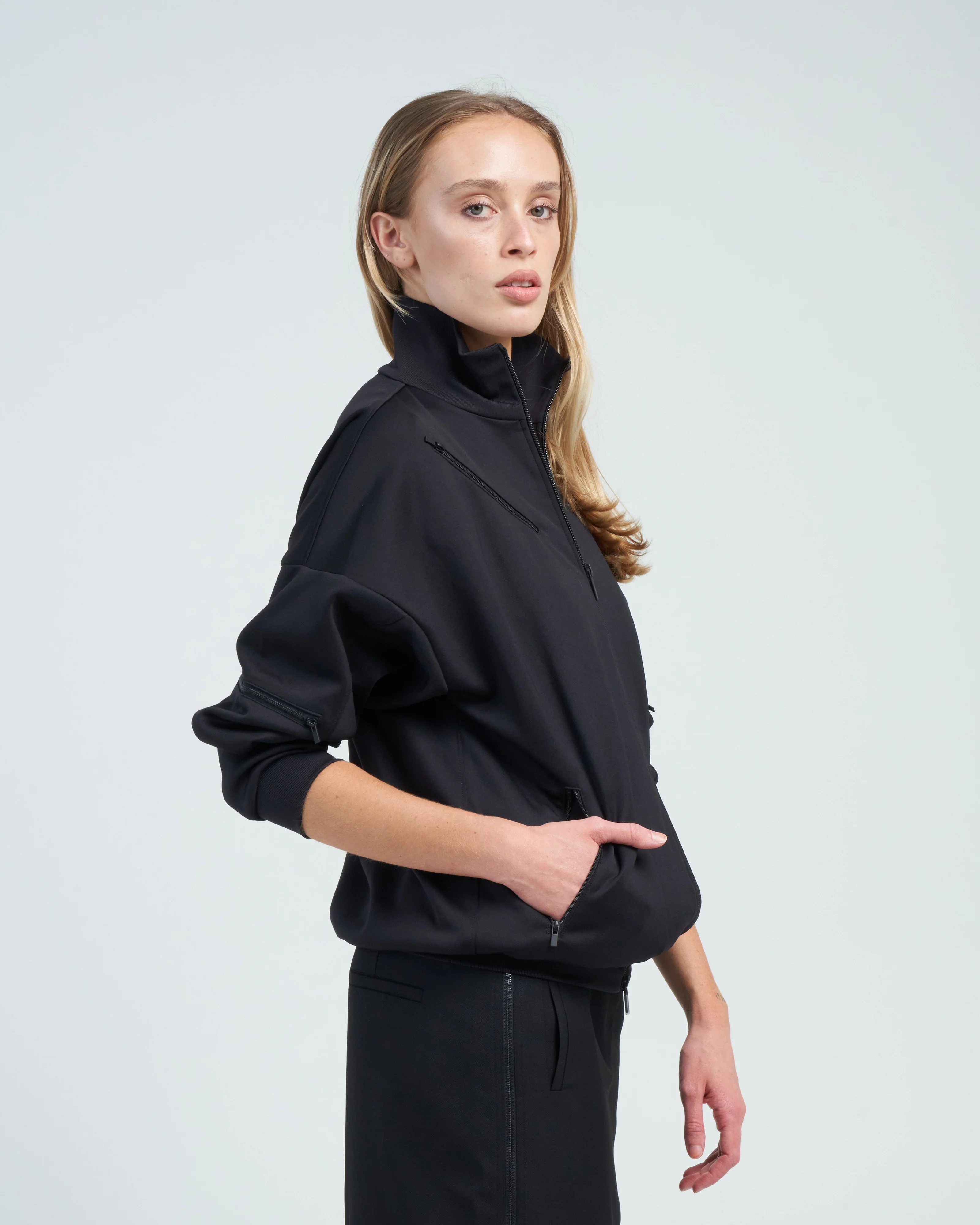 active knit zipper detailed track jacket - black - Image 4