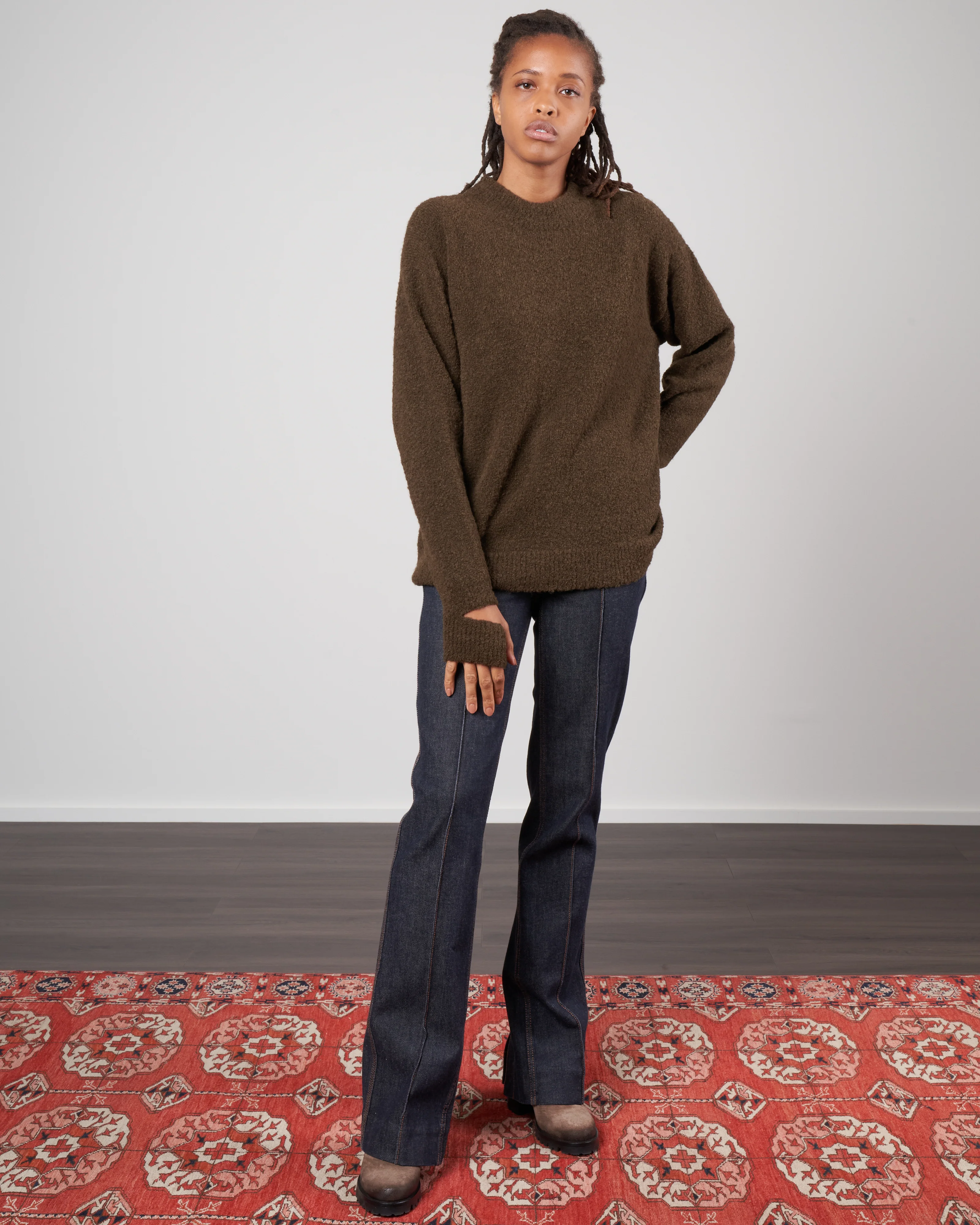 boucle alpaca sweater slit cuff easy pullover - dark loden - Image 2