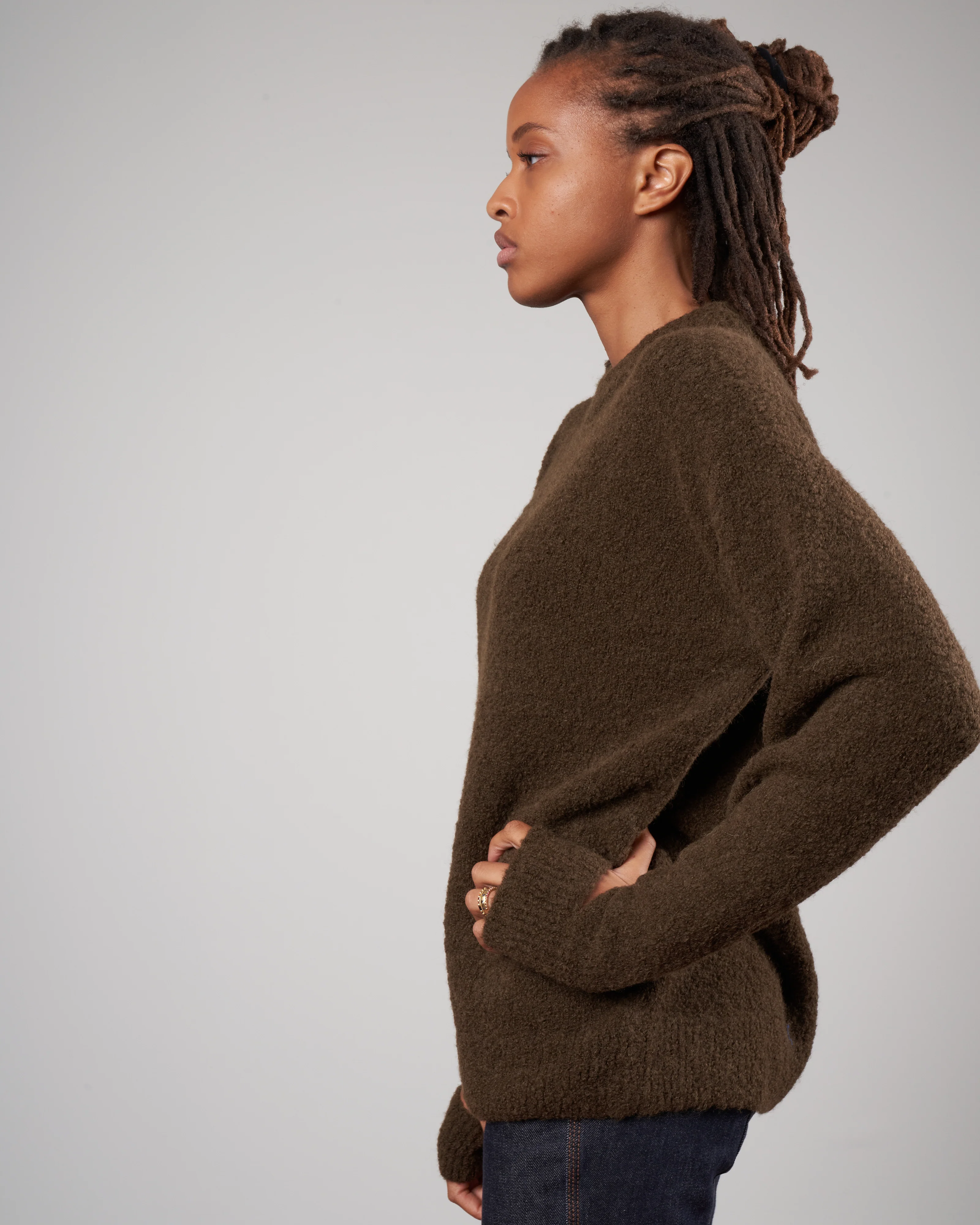 boucle alpaca sweater slit cuff easy pullover - dark loden - Image 3