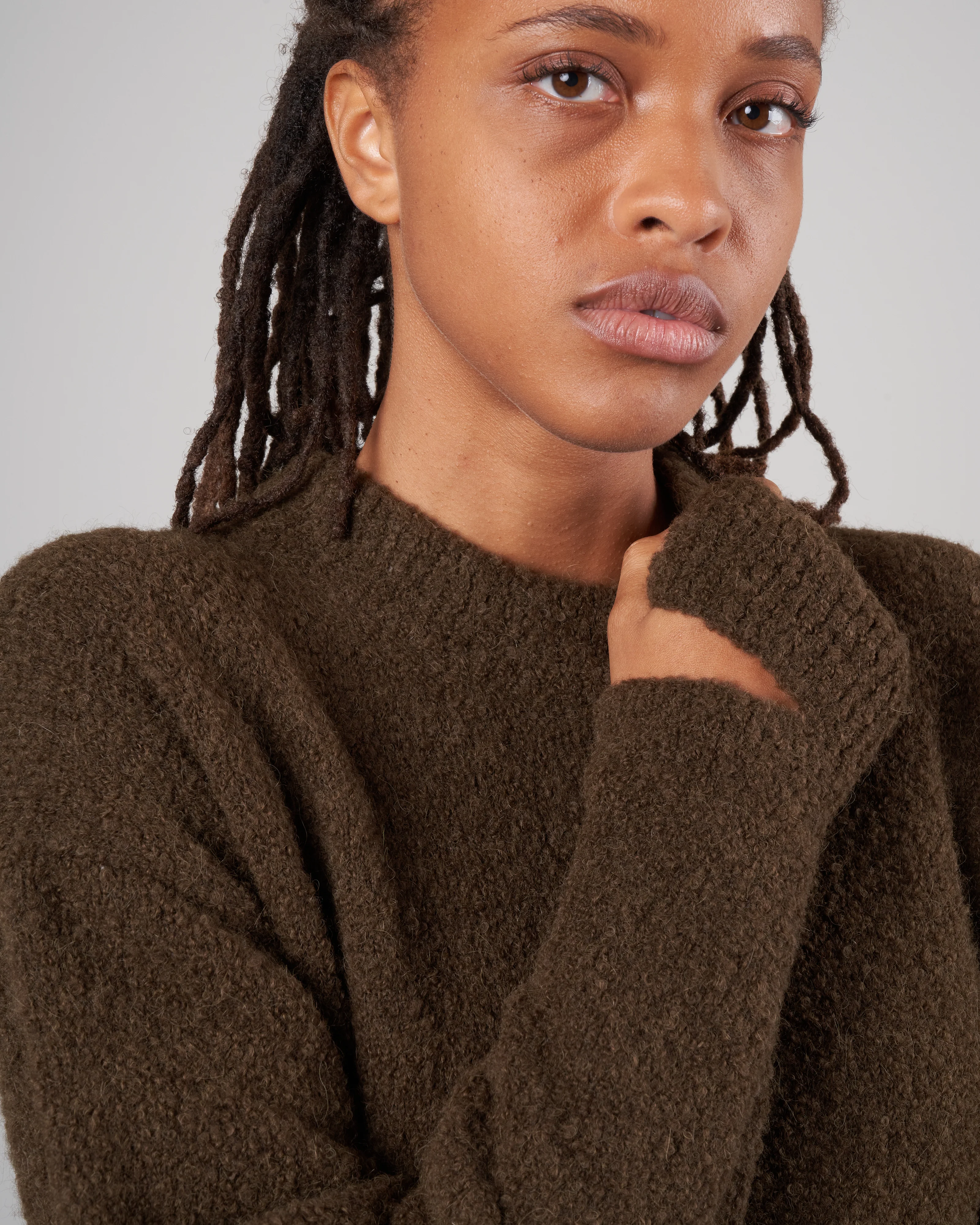 boucle alpaca sweater slit cuff easy pullover - dark loden - Image 5