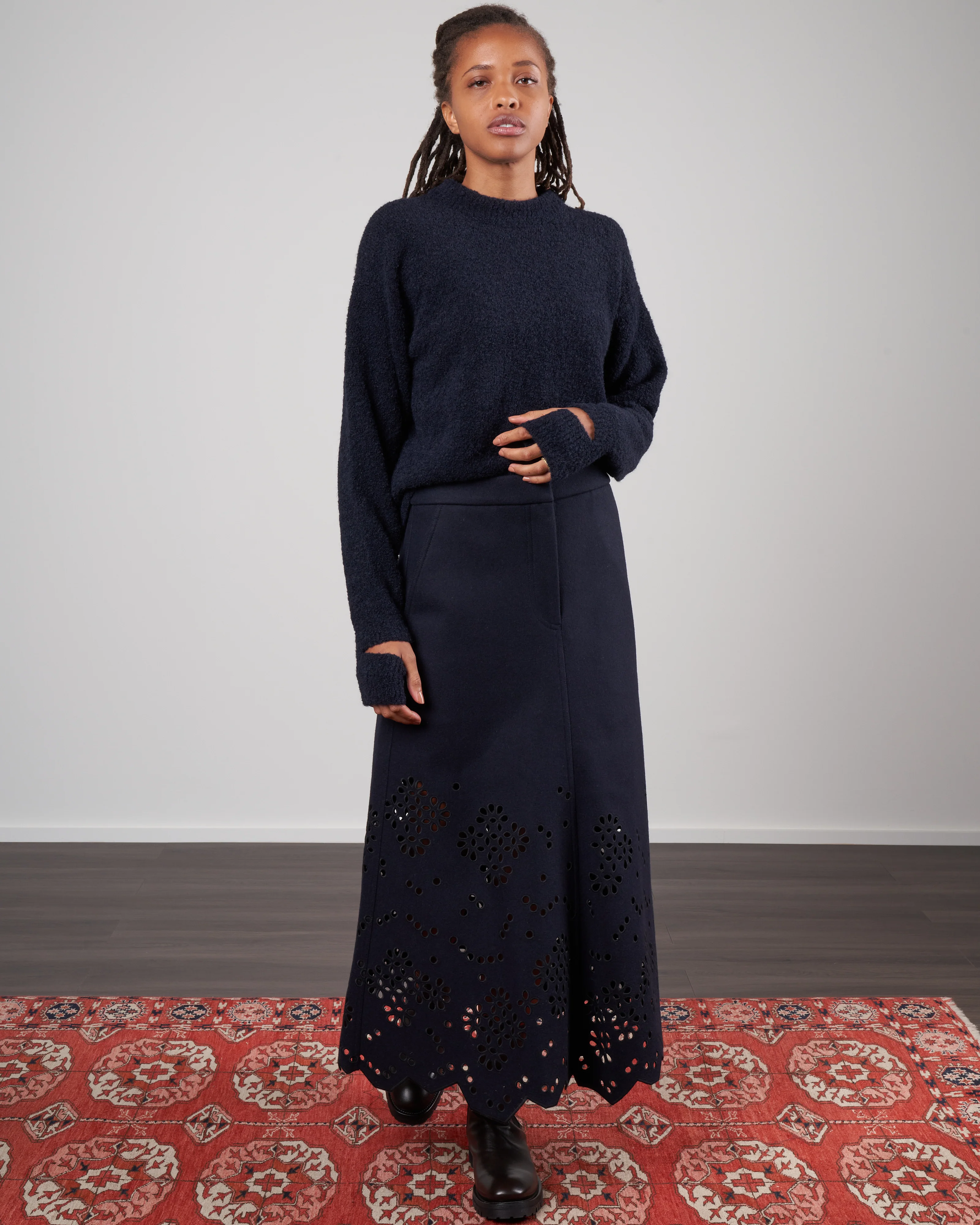 boucle alpaca sweater slit cuff easy pullover - dark navy - Image 2