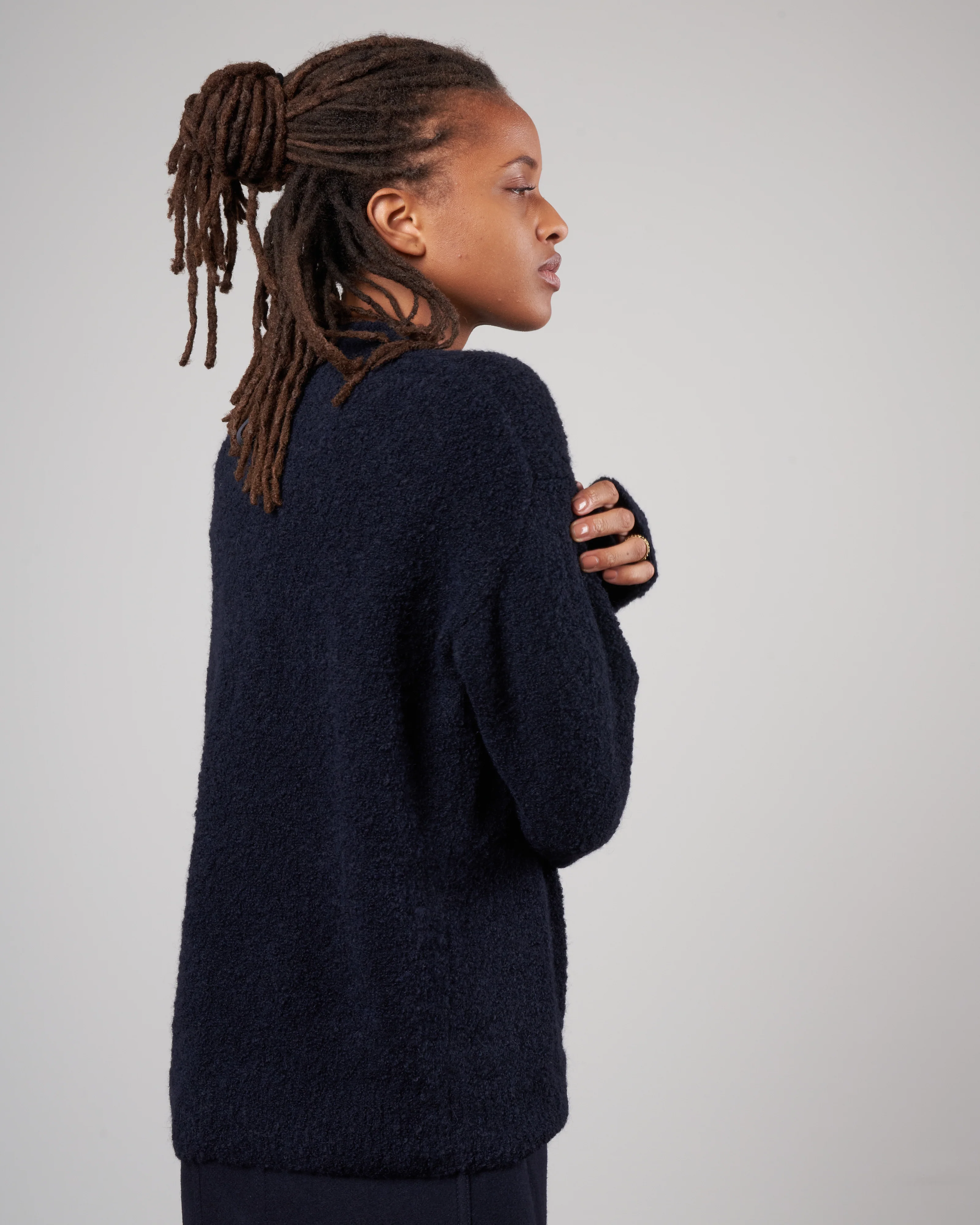 boucle alpaca sweater slit cuff easy pullover - dark navy - Image 3