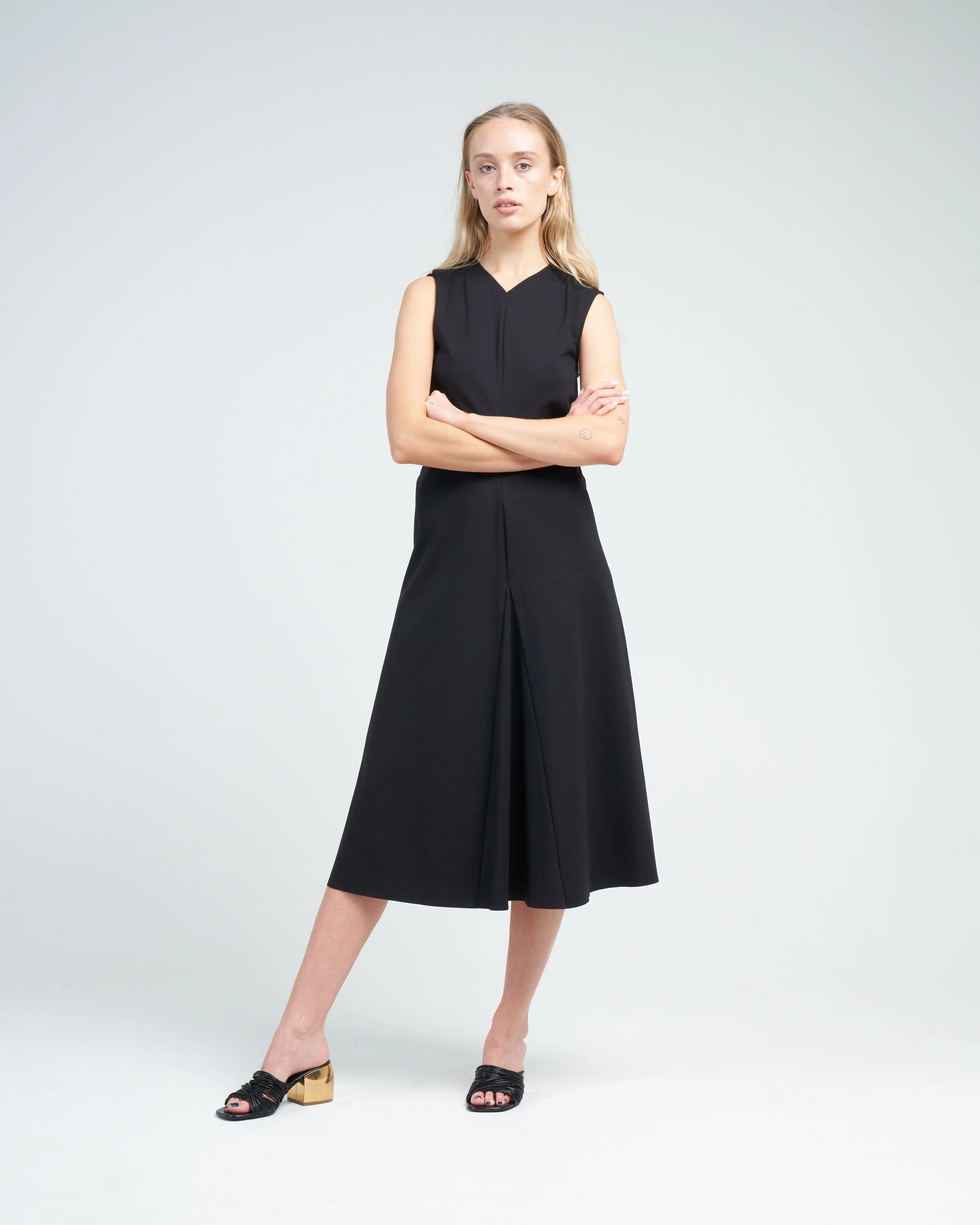 compact ultra stretch knit vneck godet dress - Image 2