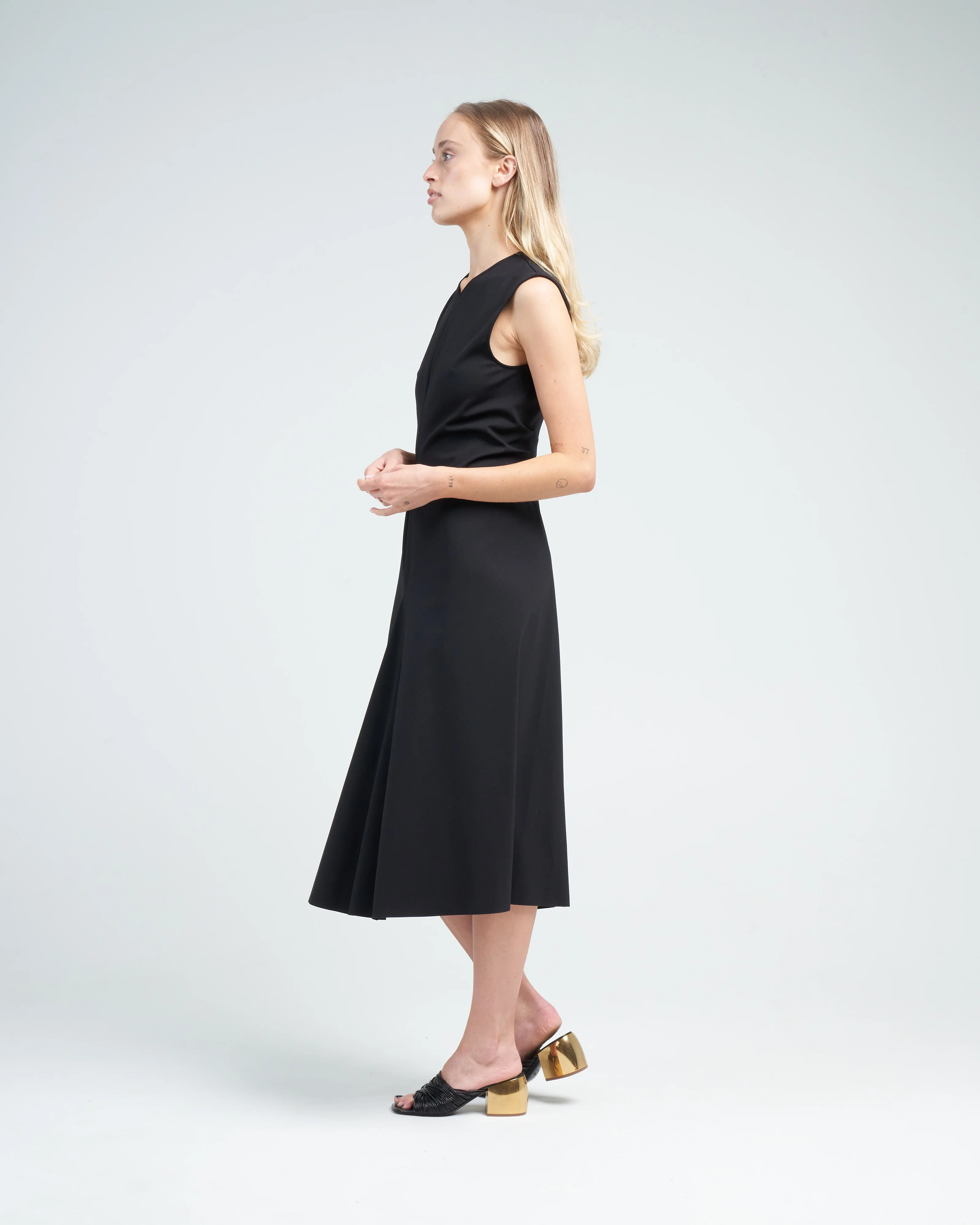 compact ultra stretch knit vneck godet dress - Image 3