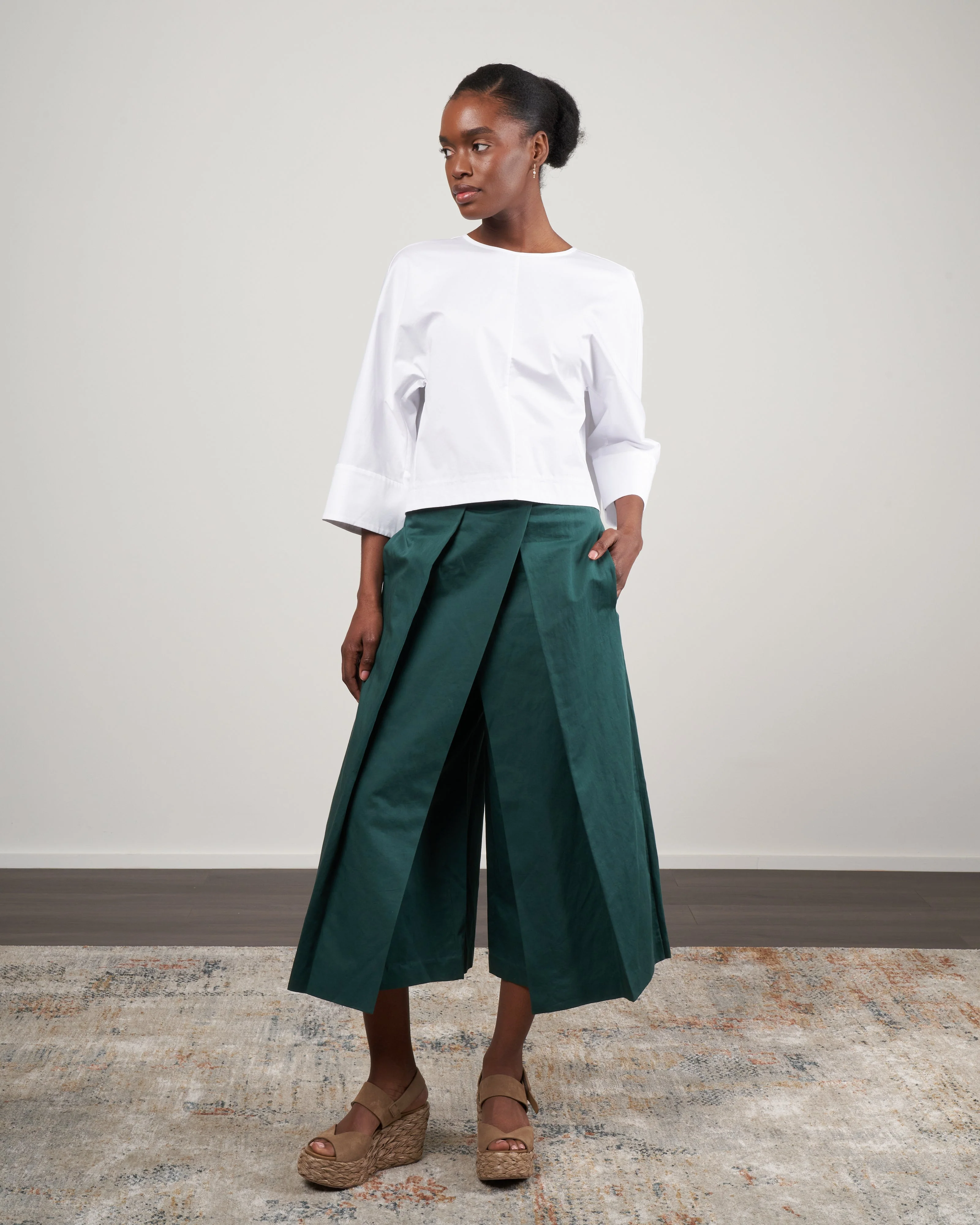 cotton linen sateen pleat culotte - carson green - Image 2