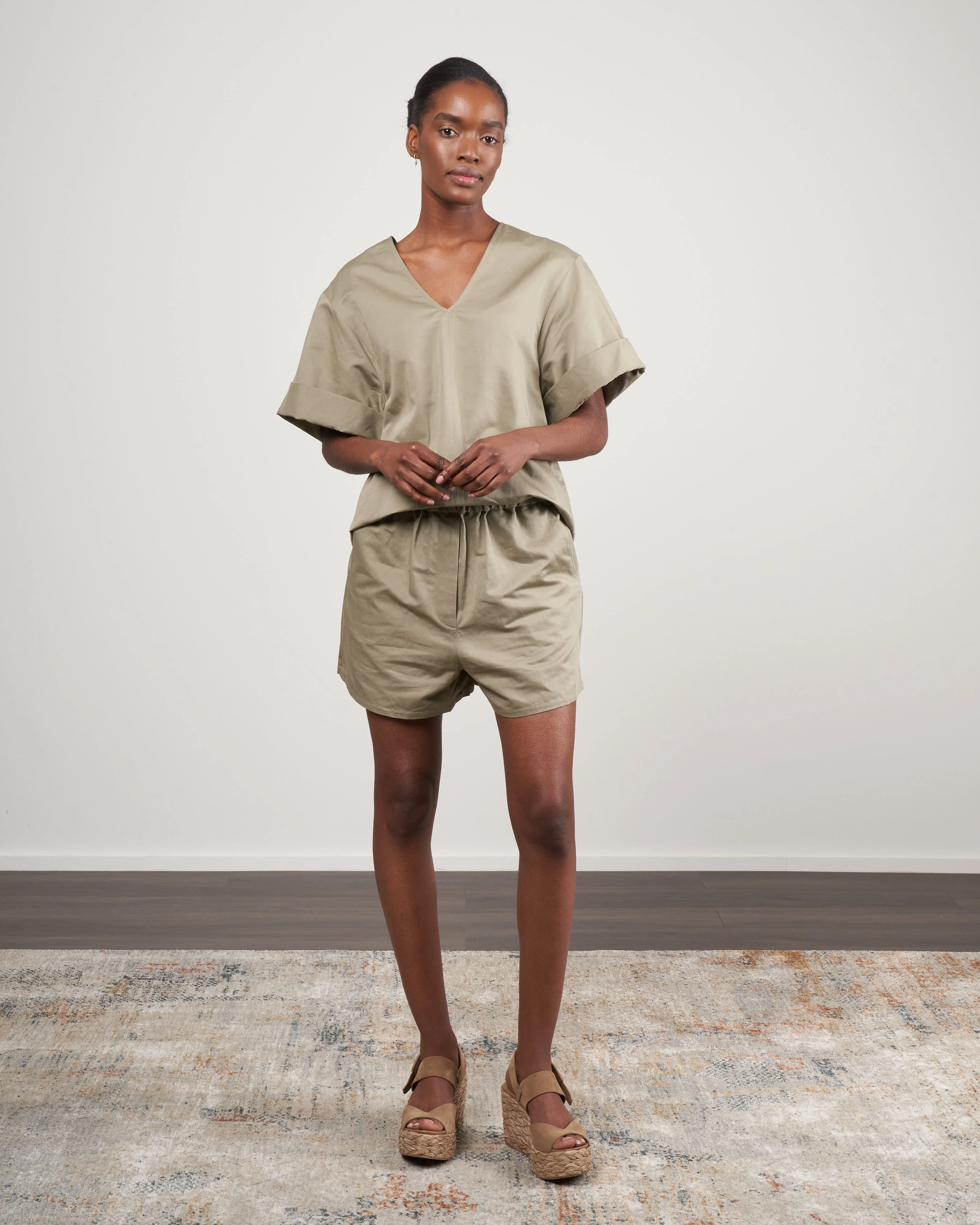 cotton linen sateen pull on shorts - dark clay - Image 2