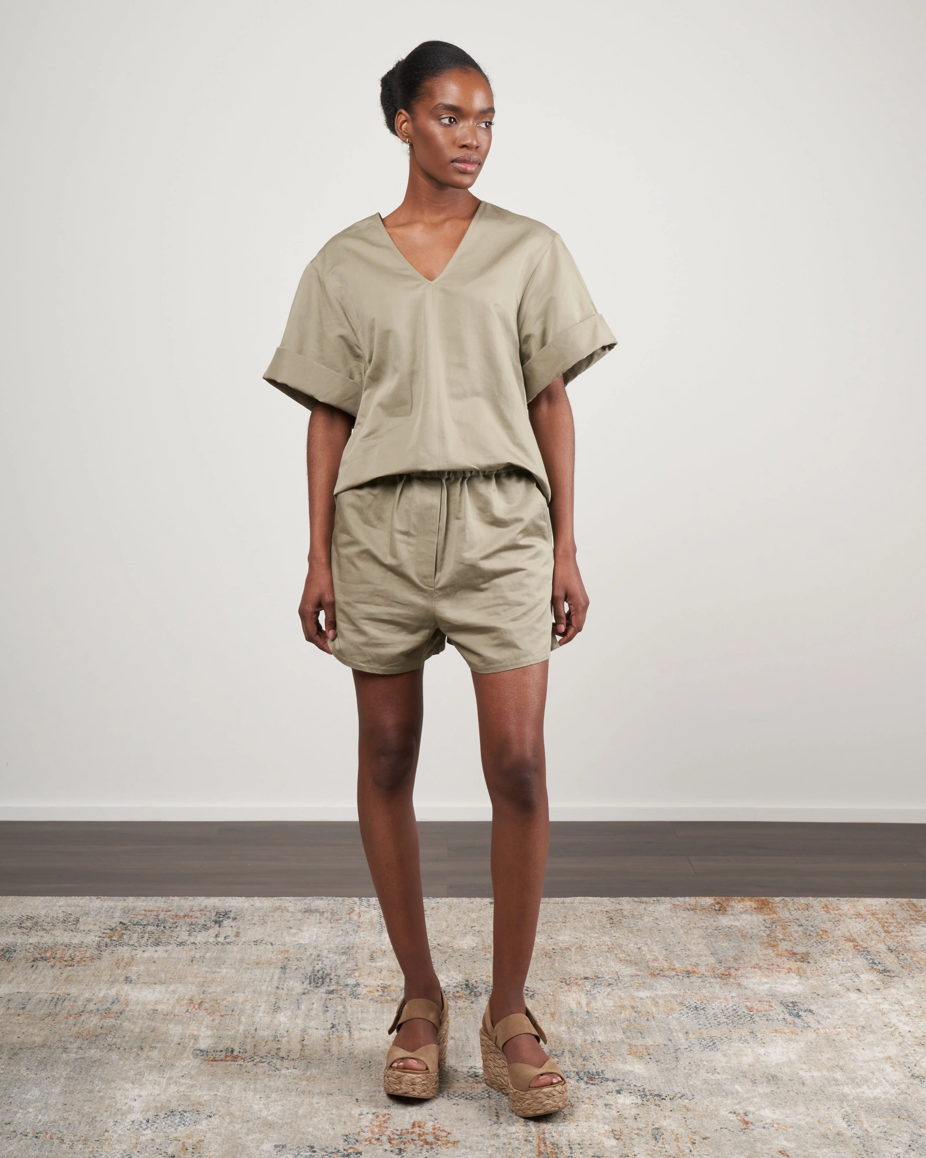 cotton linen sateen v neck top - dark clay - Image 2