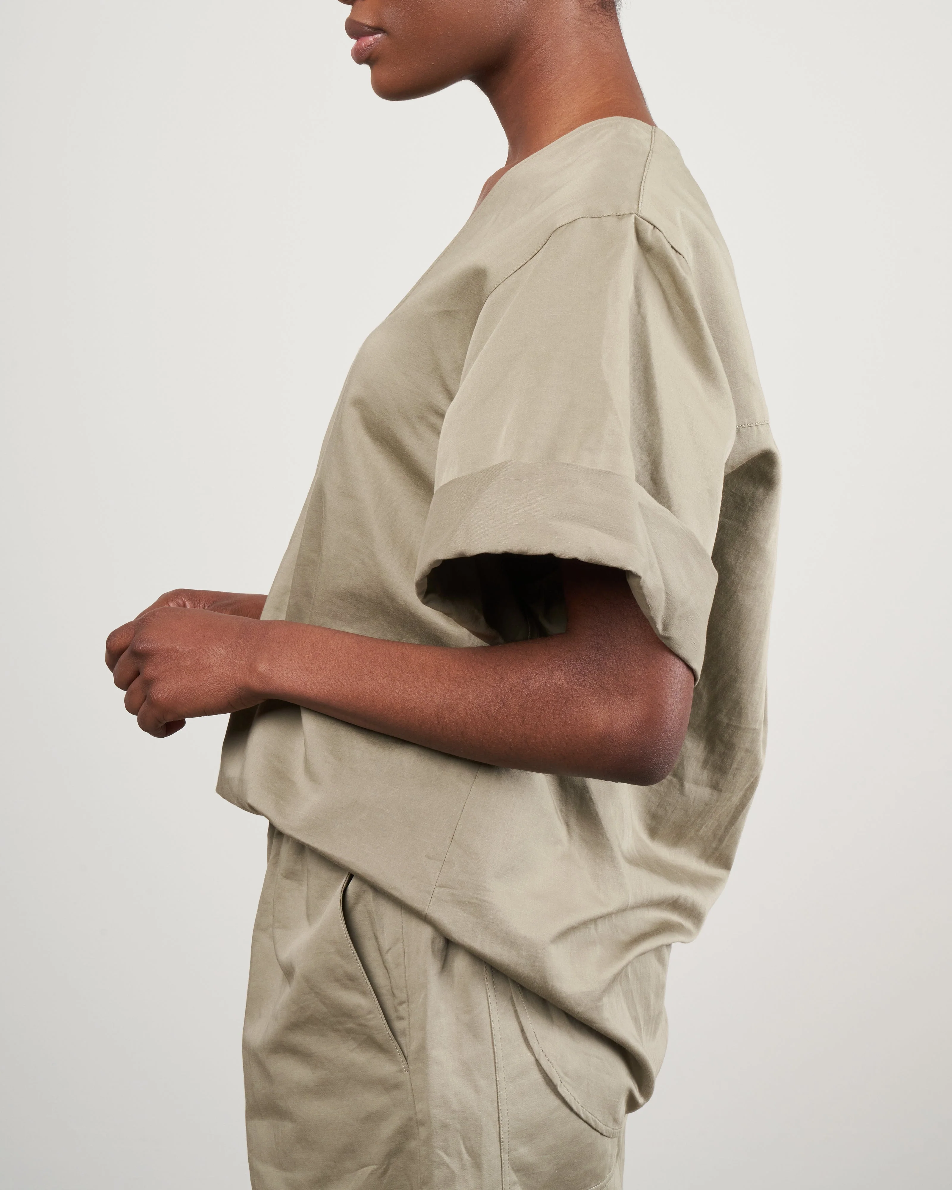 cotton linen sateen v neck top - dark clay - Image 3