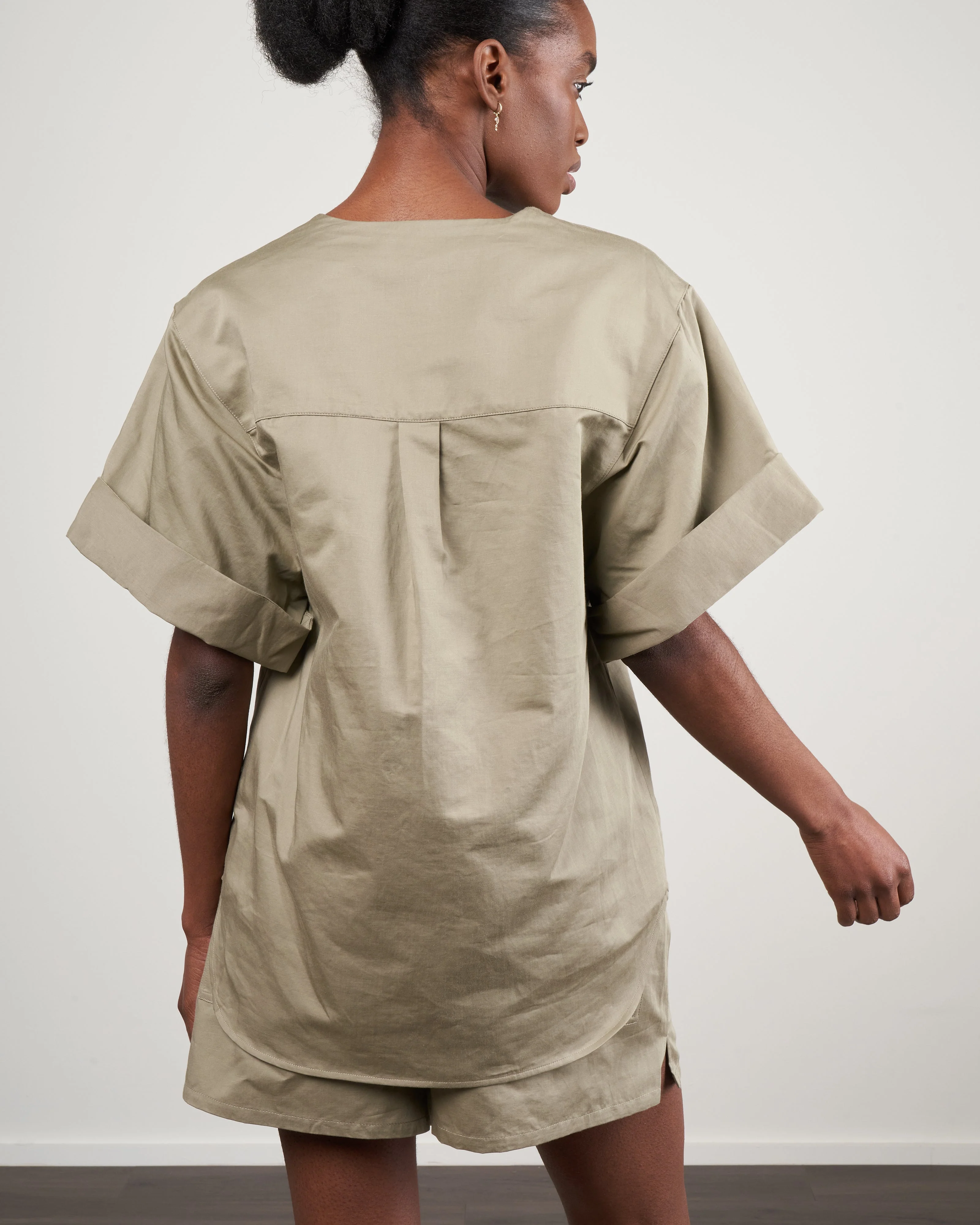 cotton linen sateen v neck top - dark clay - Image 4
