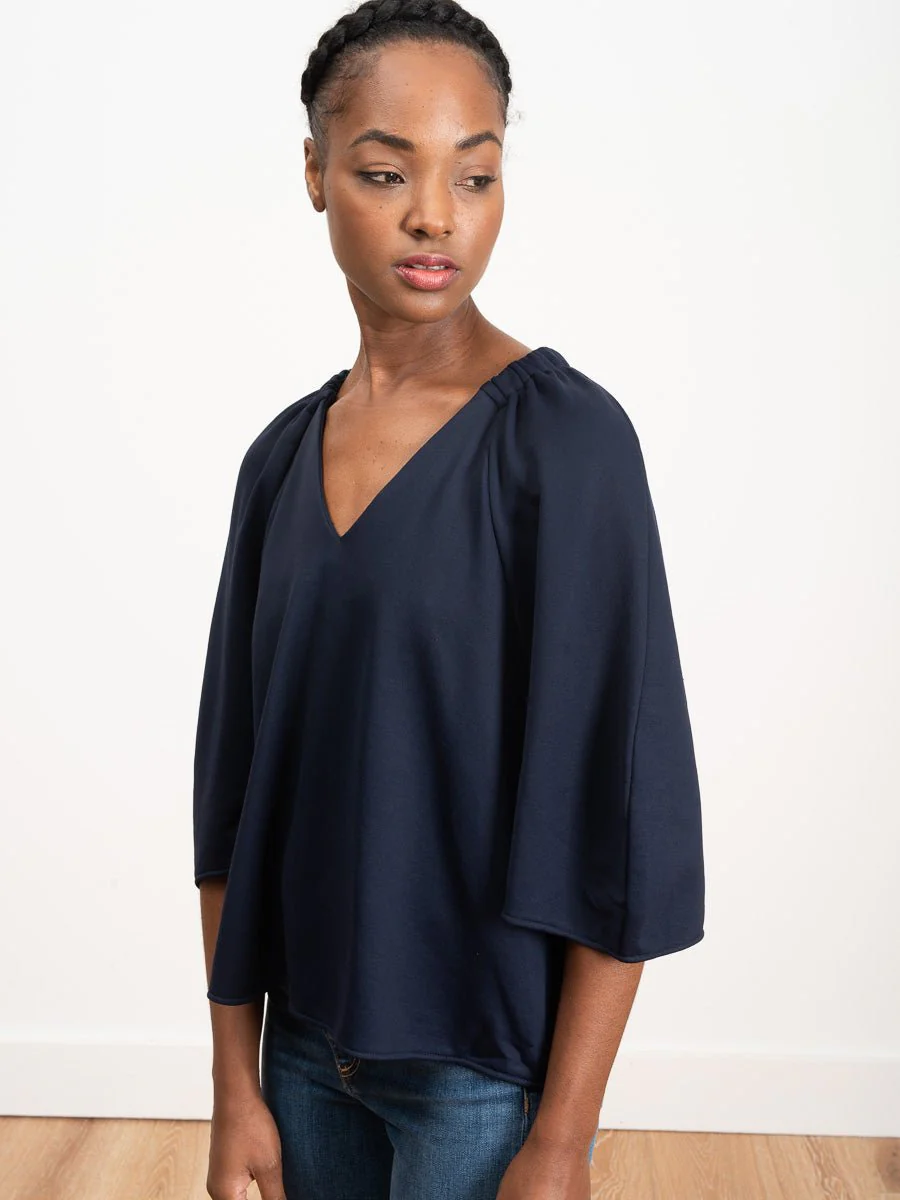 deep v shirred neck top - navy - Image 2