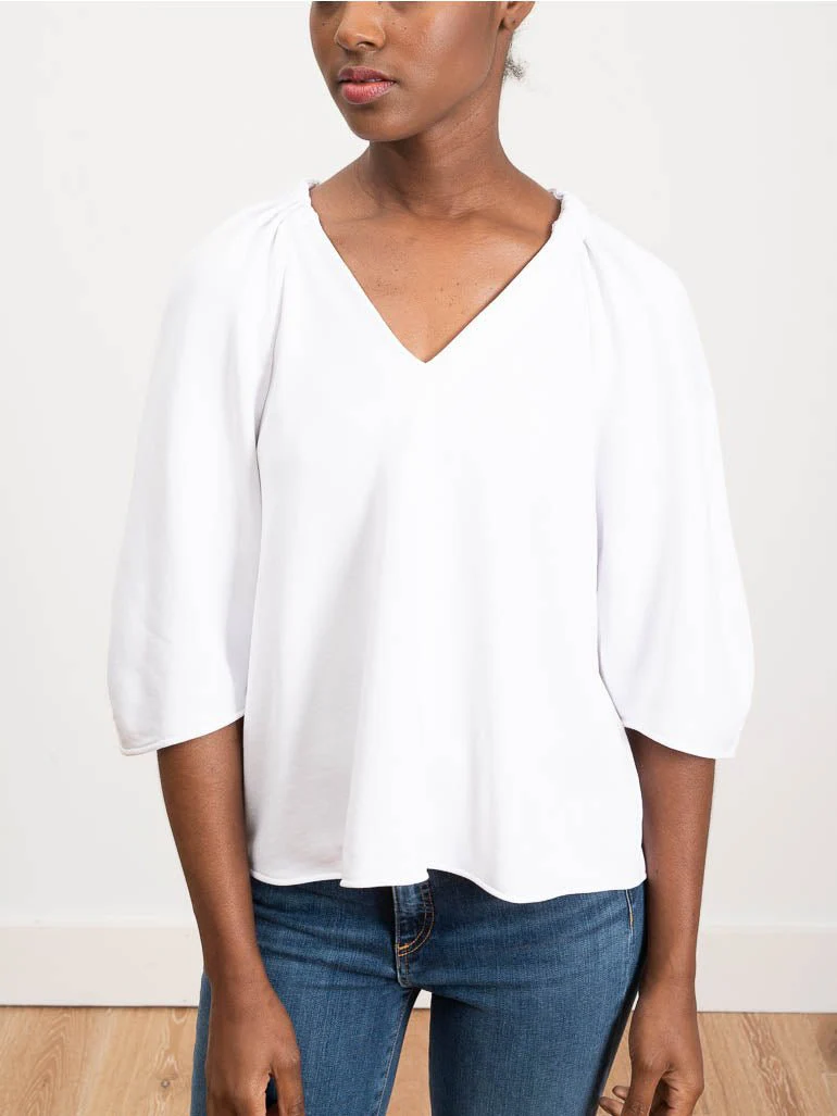 deep v shirred neck top - white
