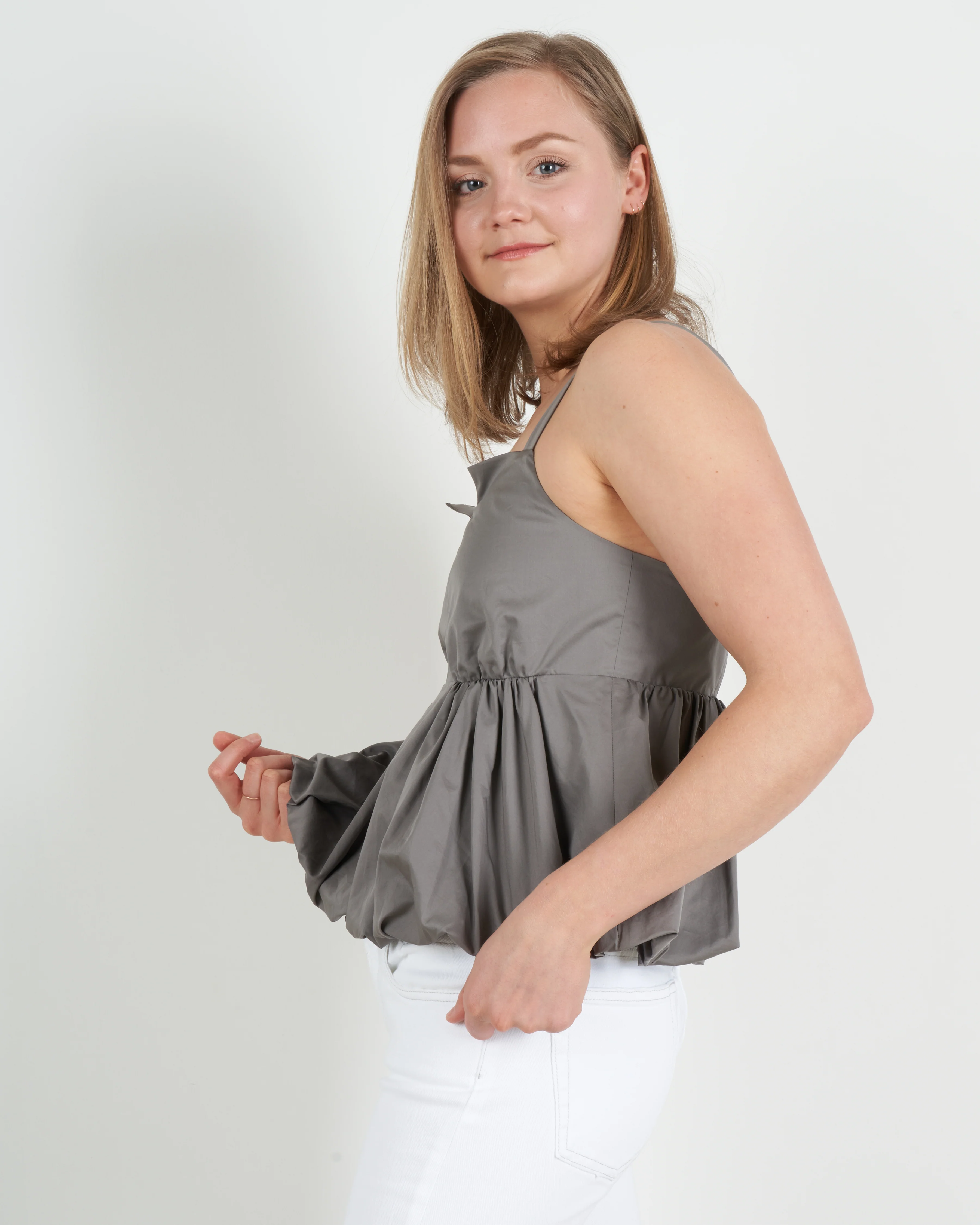 eco poplin strappy balloon peplum top - mink grey - Image 2