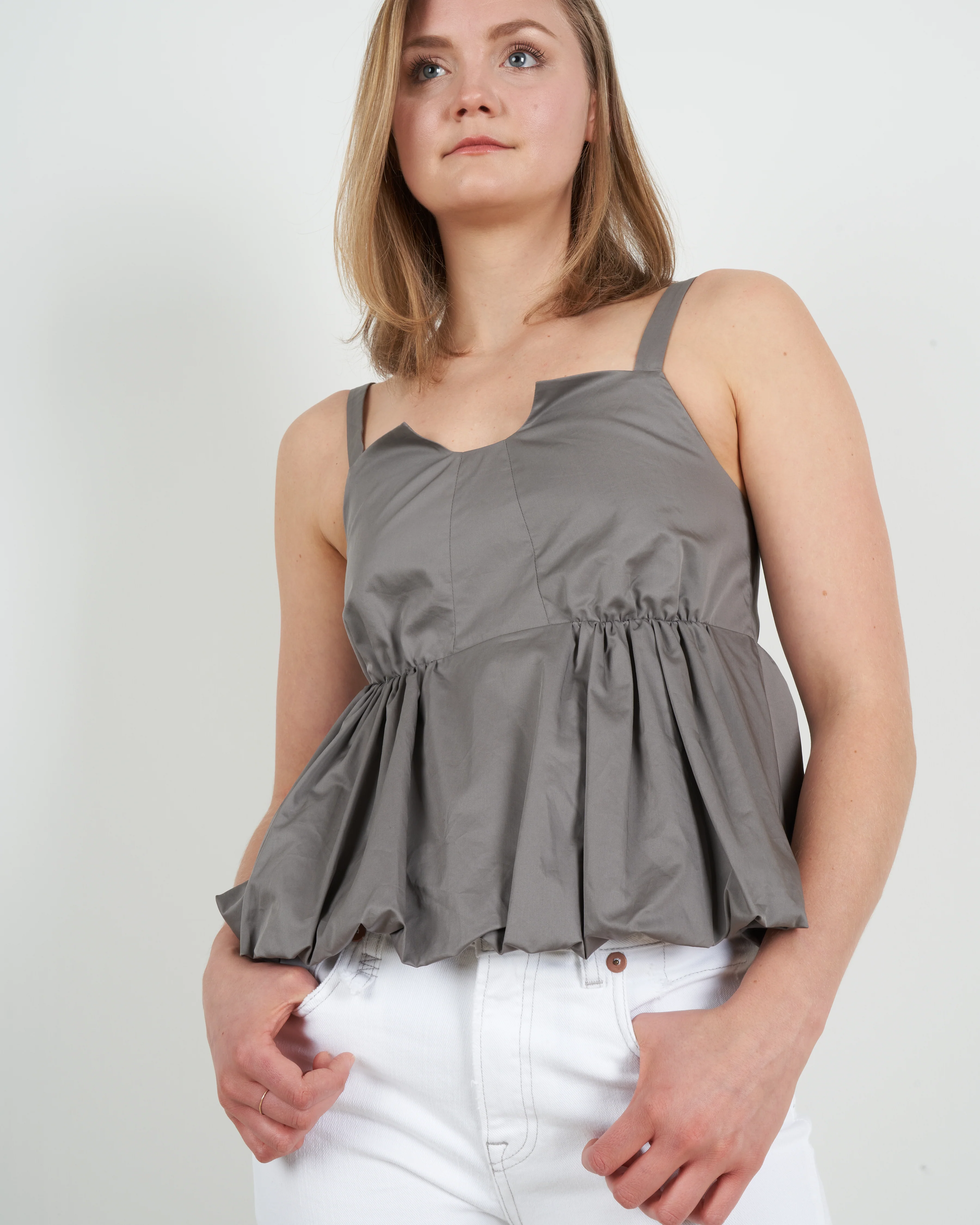 eco poplin strappy balloon peplum top - mink grey - Image 4