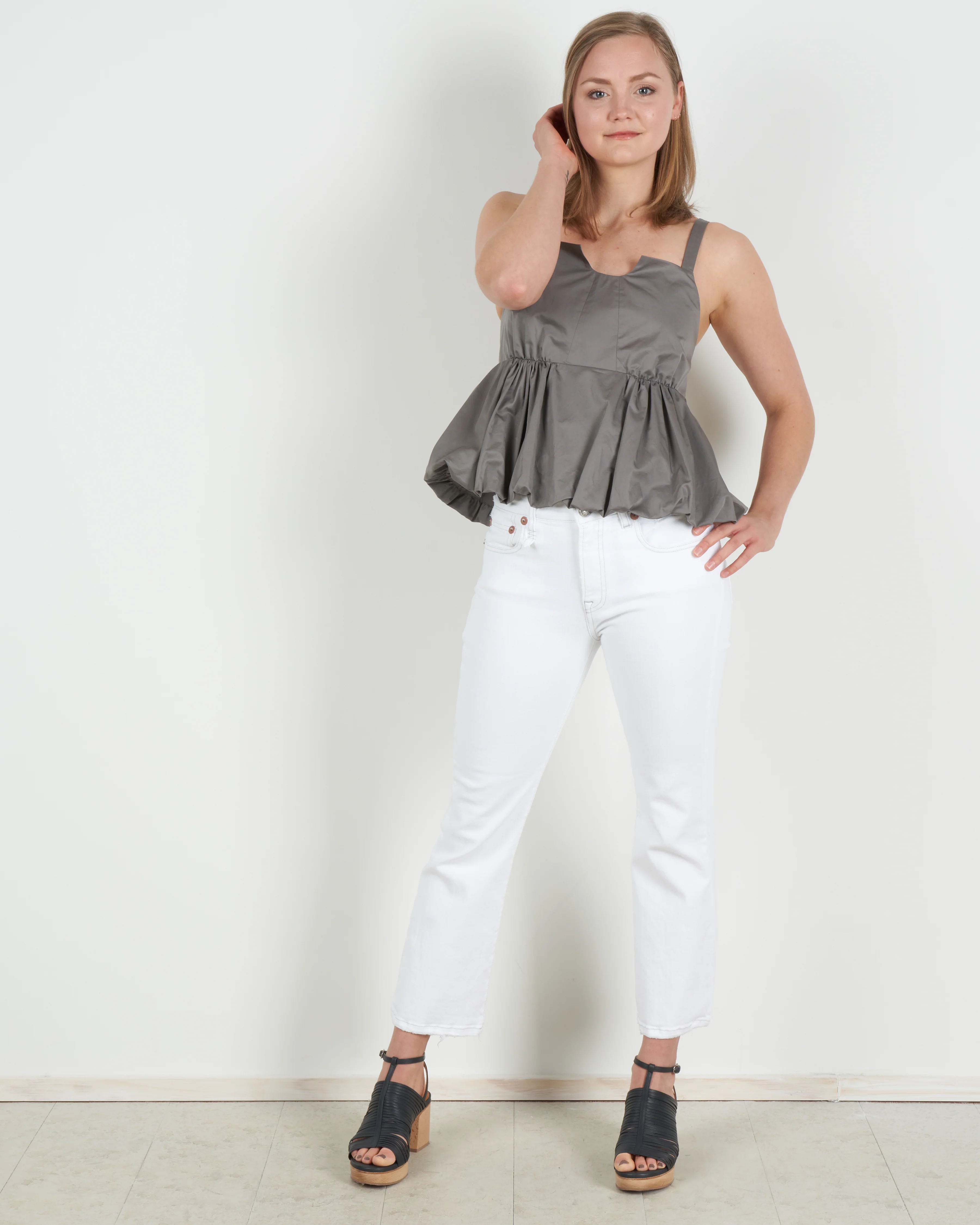 eco poplin strappy balloon peplum top - mink grey - Image 5