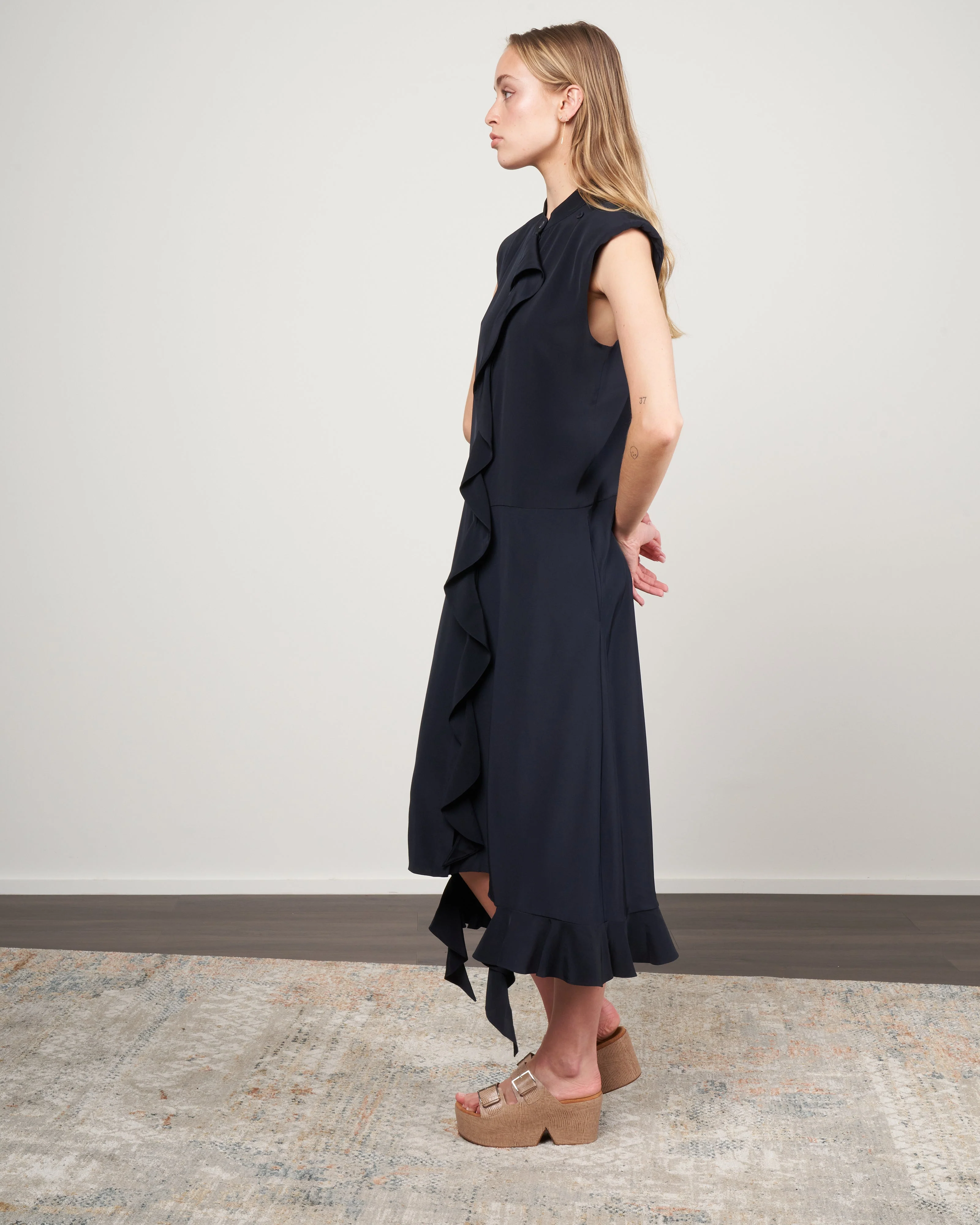 eco silk detached ruffle shirtdress - dark navy - Image 2