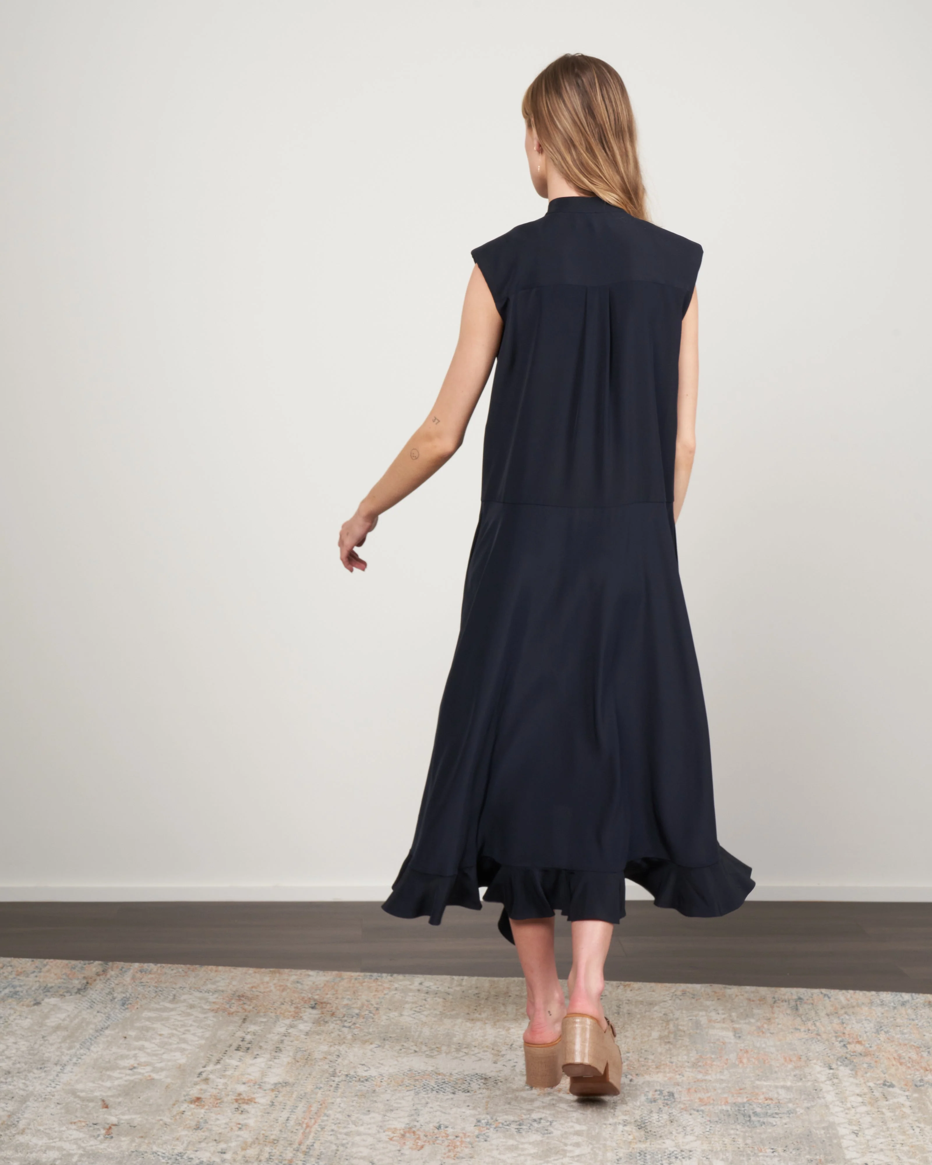 eco silk detached ruffle shirtdress - dark navy - Image 3