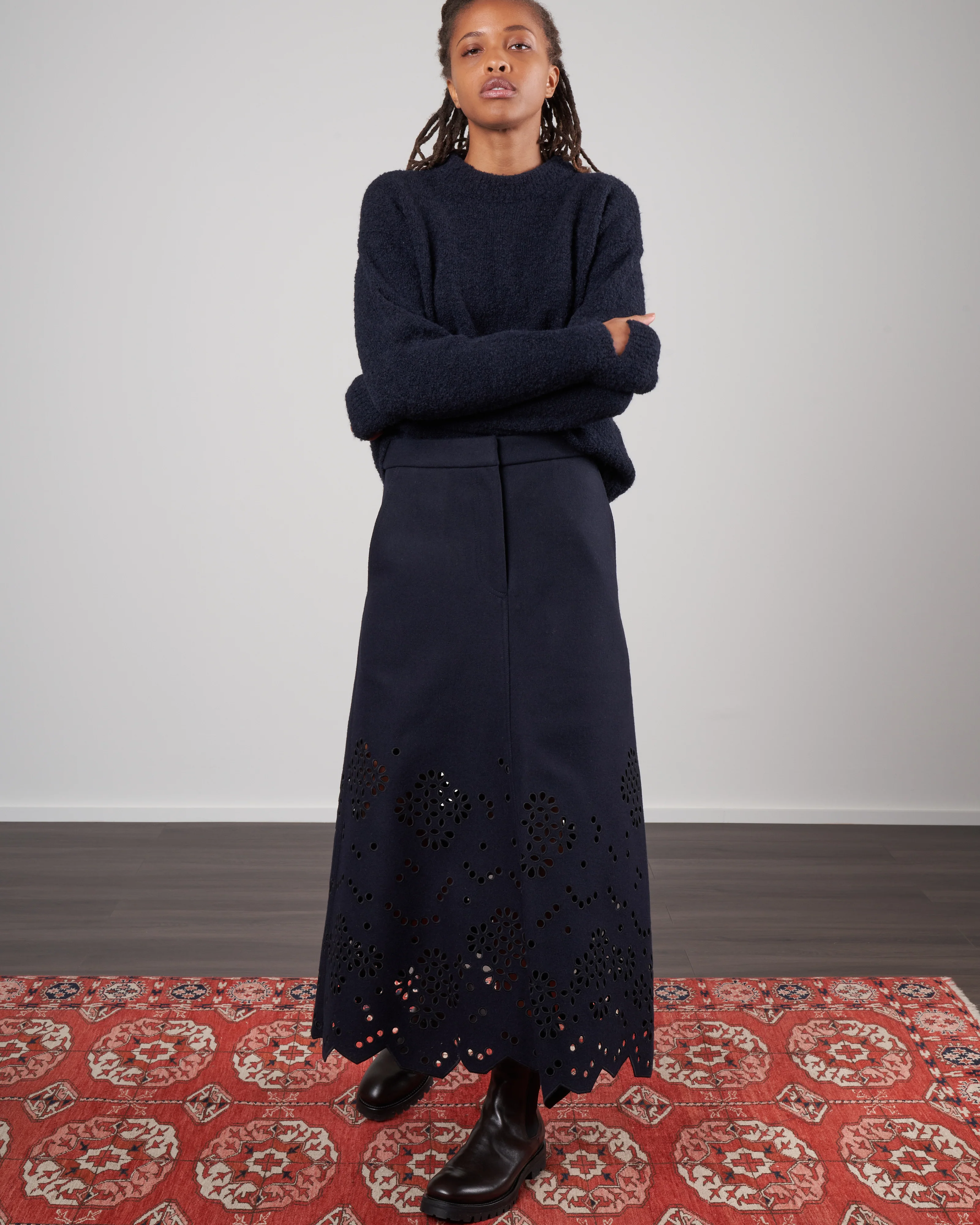 eyelet embroidery felted wool maxi skirt - navy - Image 2