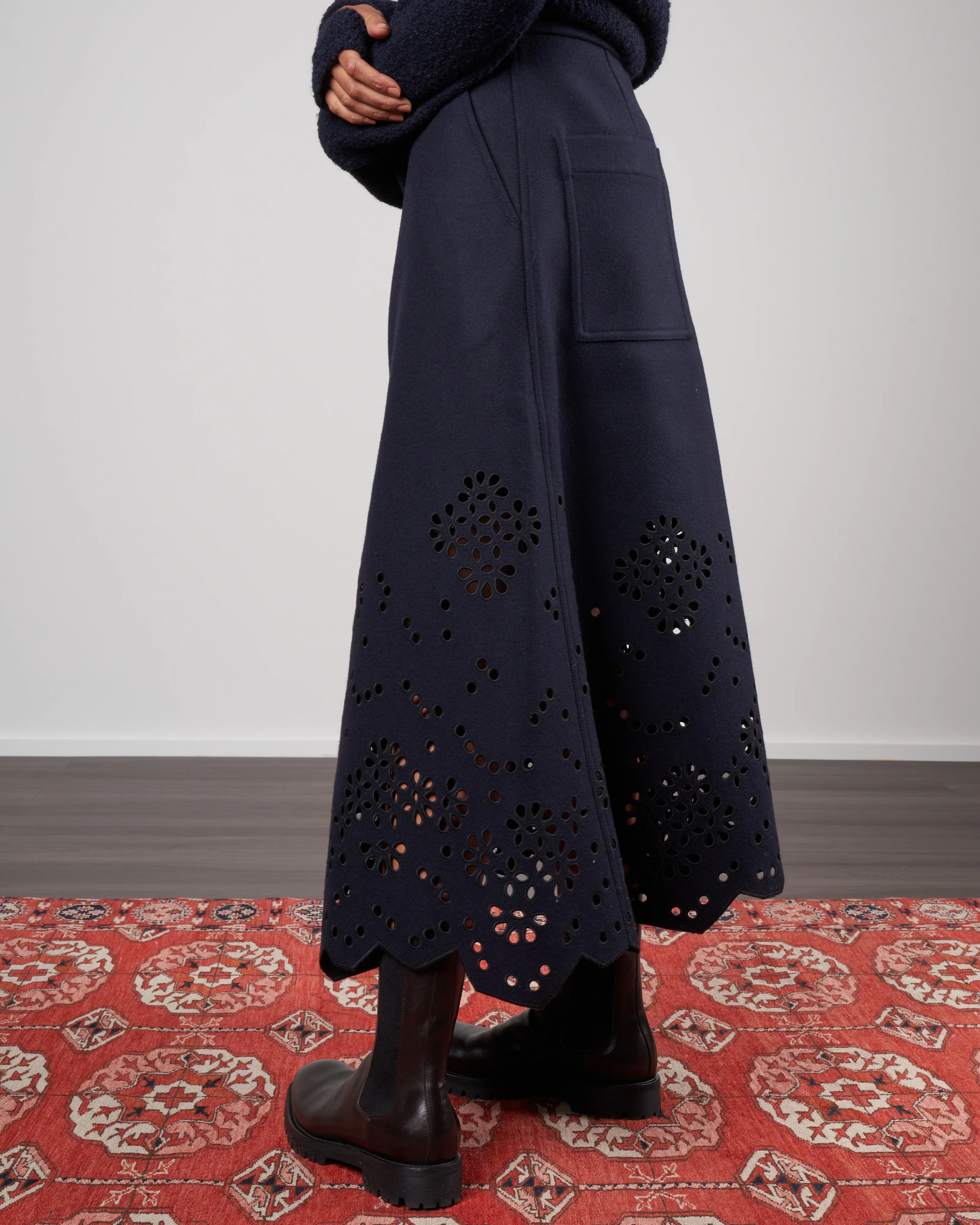 eyelet embroidery felted wool maxi skirt - navy - Image 3