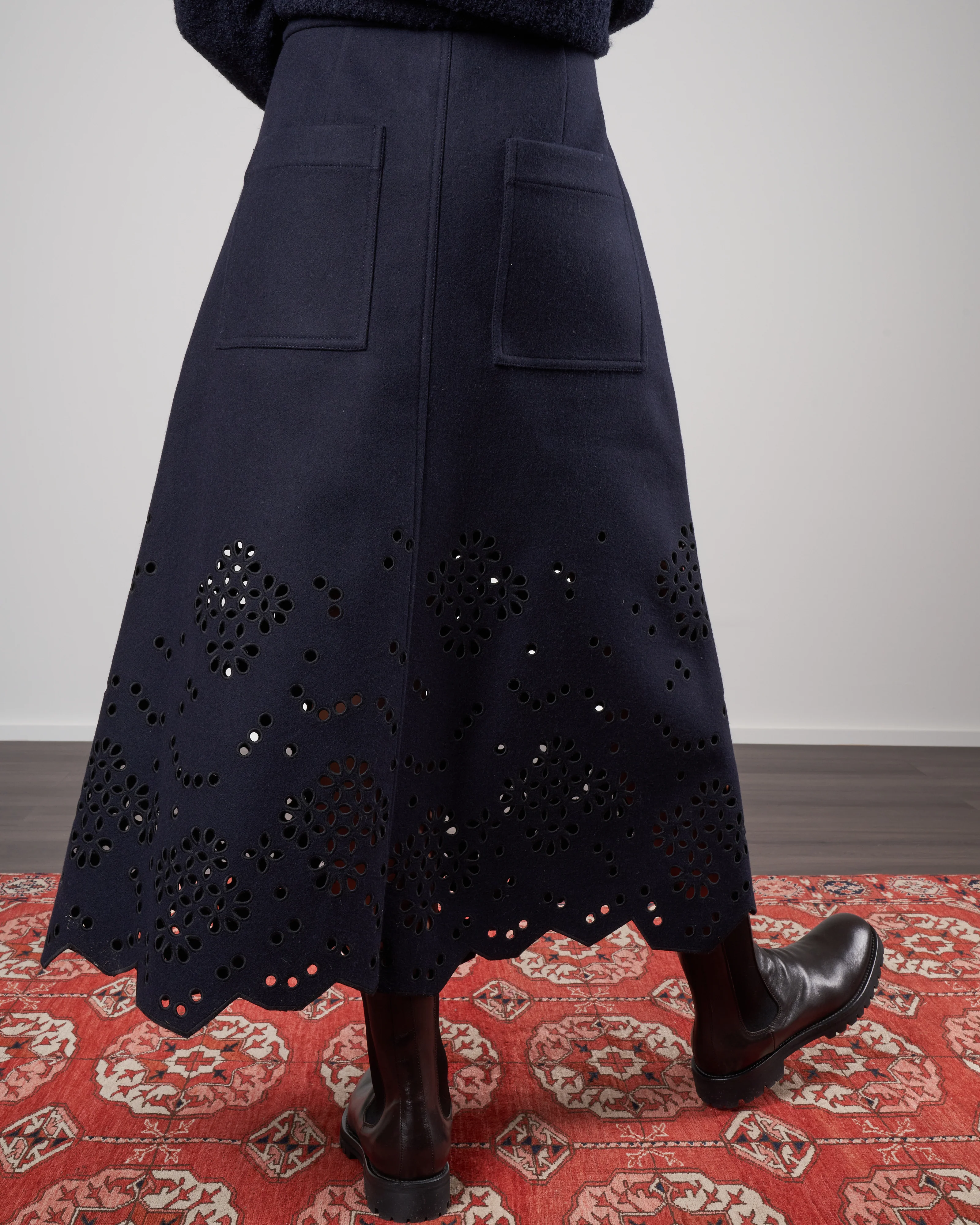 eyelet embroidery felted wool maxi skirt - navy - Image 4