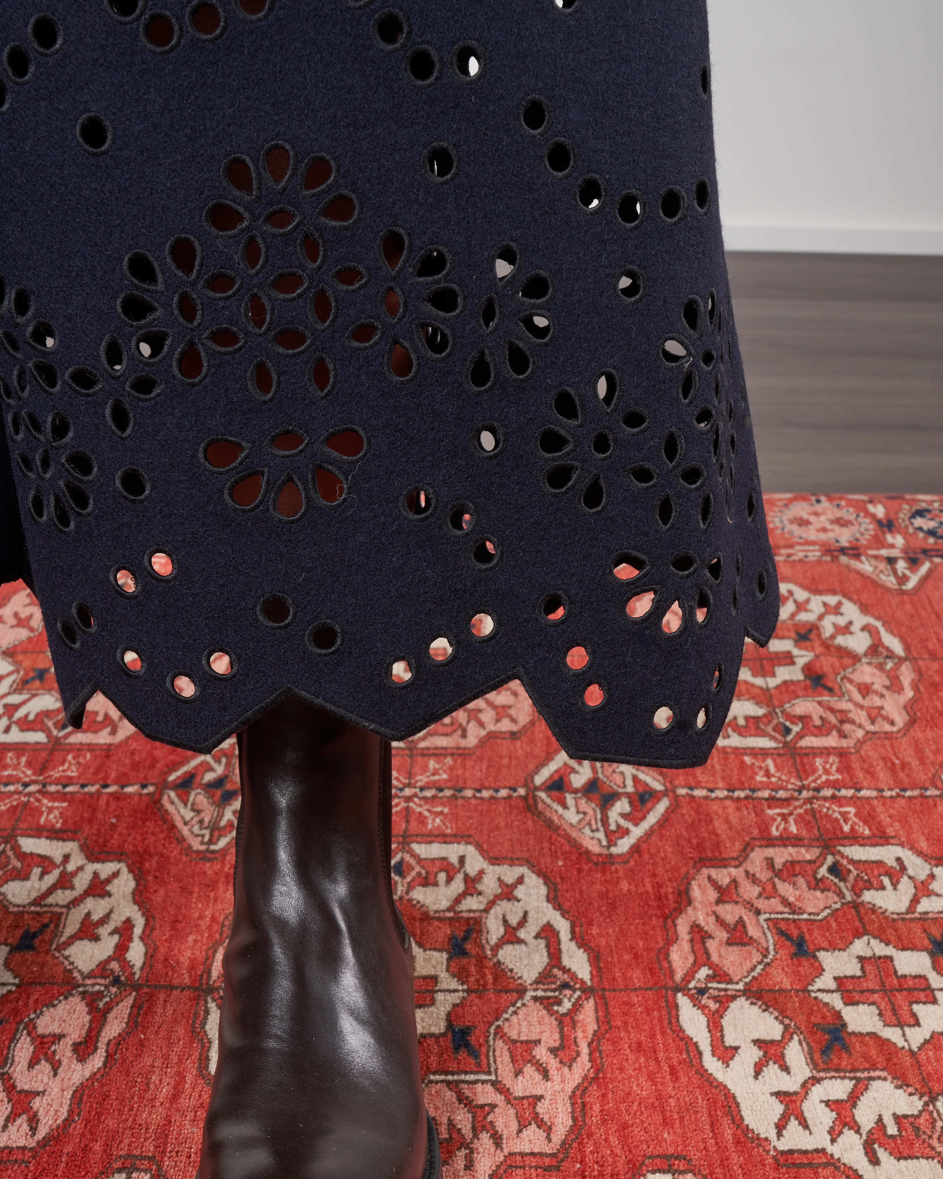 eyelet embroidery felted wool maxi skirt - navy - Image 5