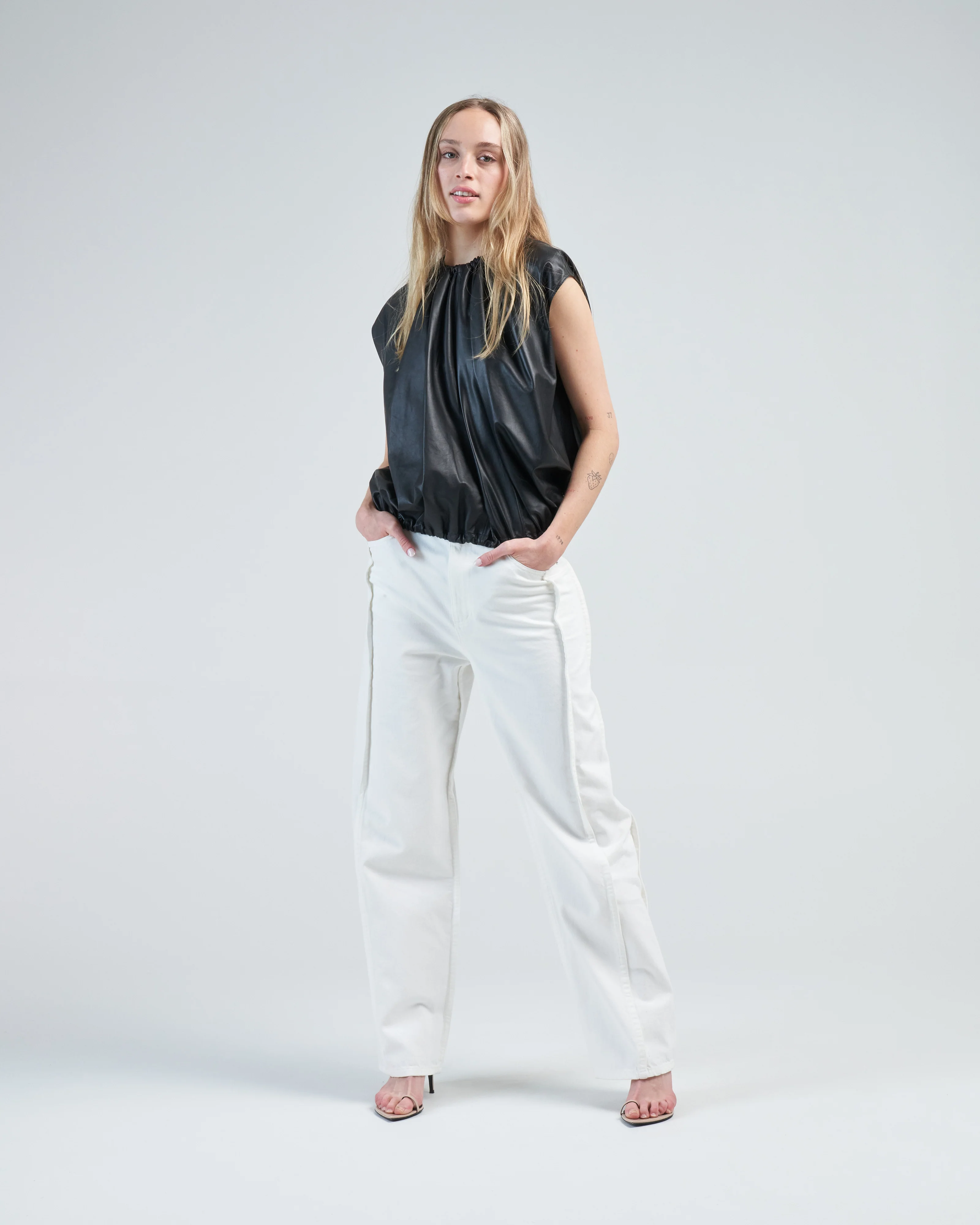 feather weight leather shirred neck circular top