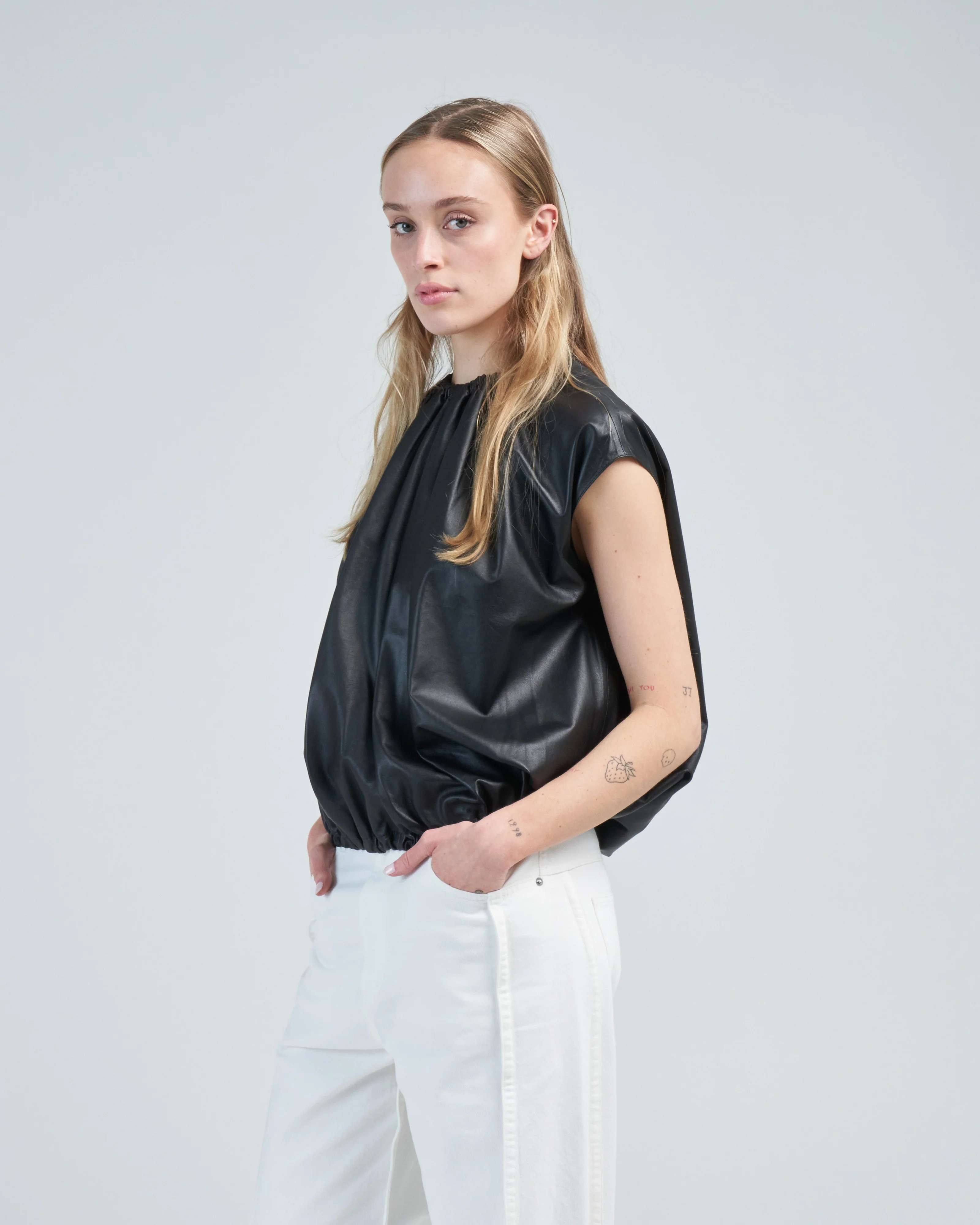 feather weight leather shirred neck circular top - Image 2