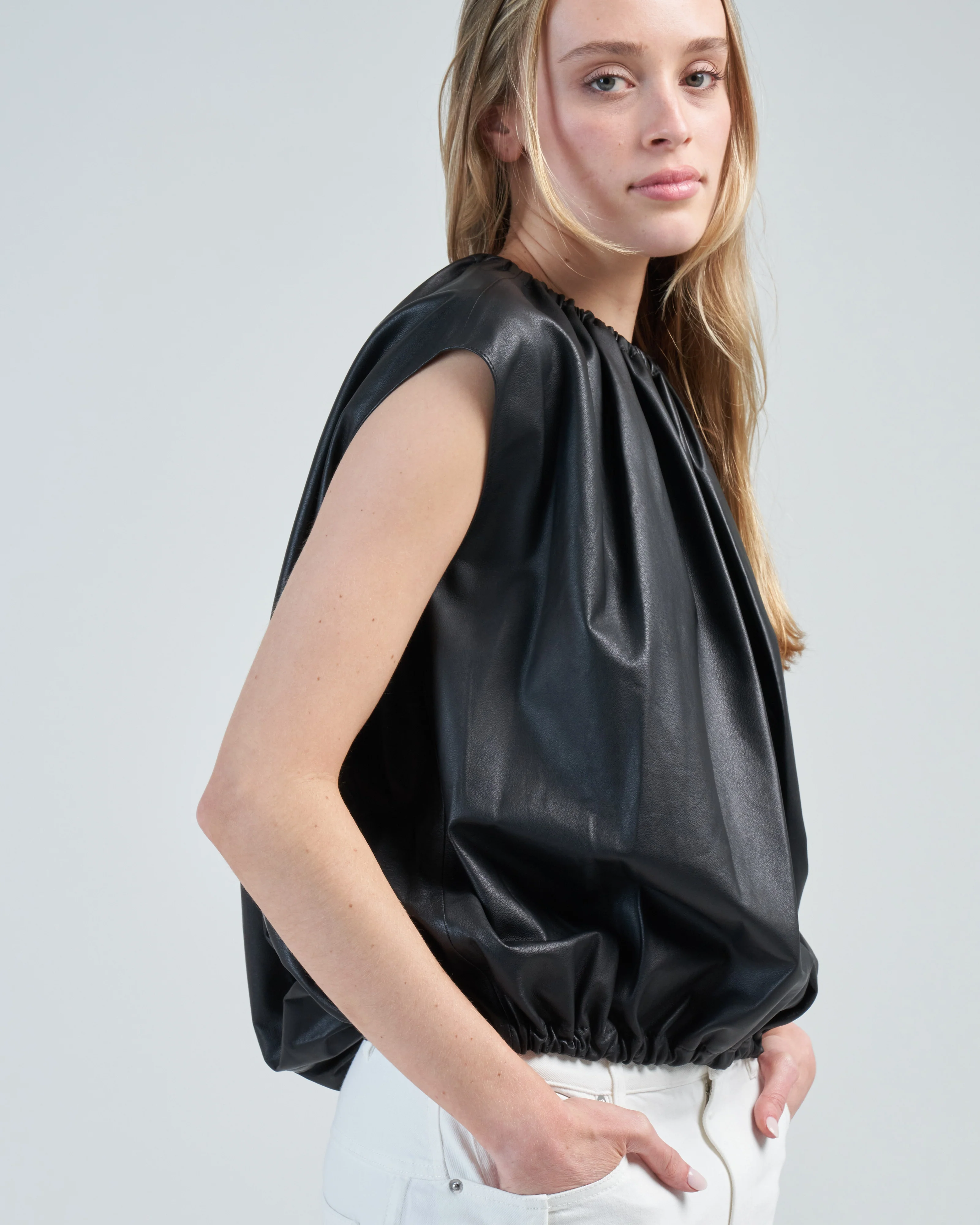feather weight leather shirred neck circular top - Image 3