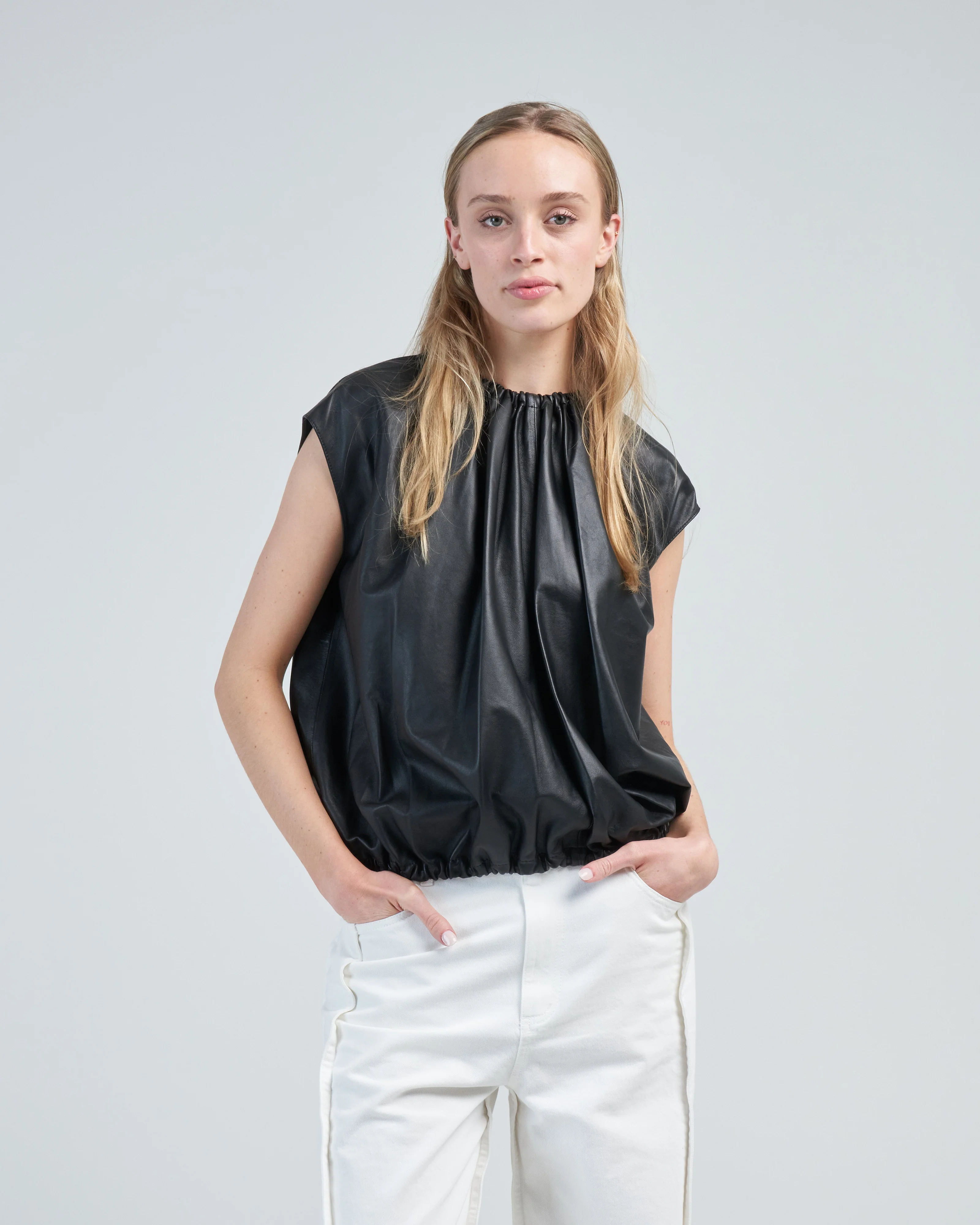 feather weight leather shirred neck circular top - Image 4